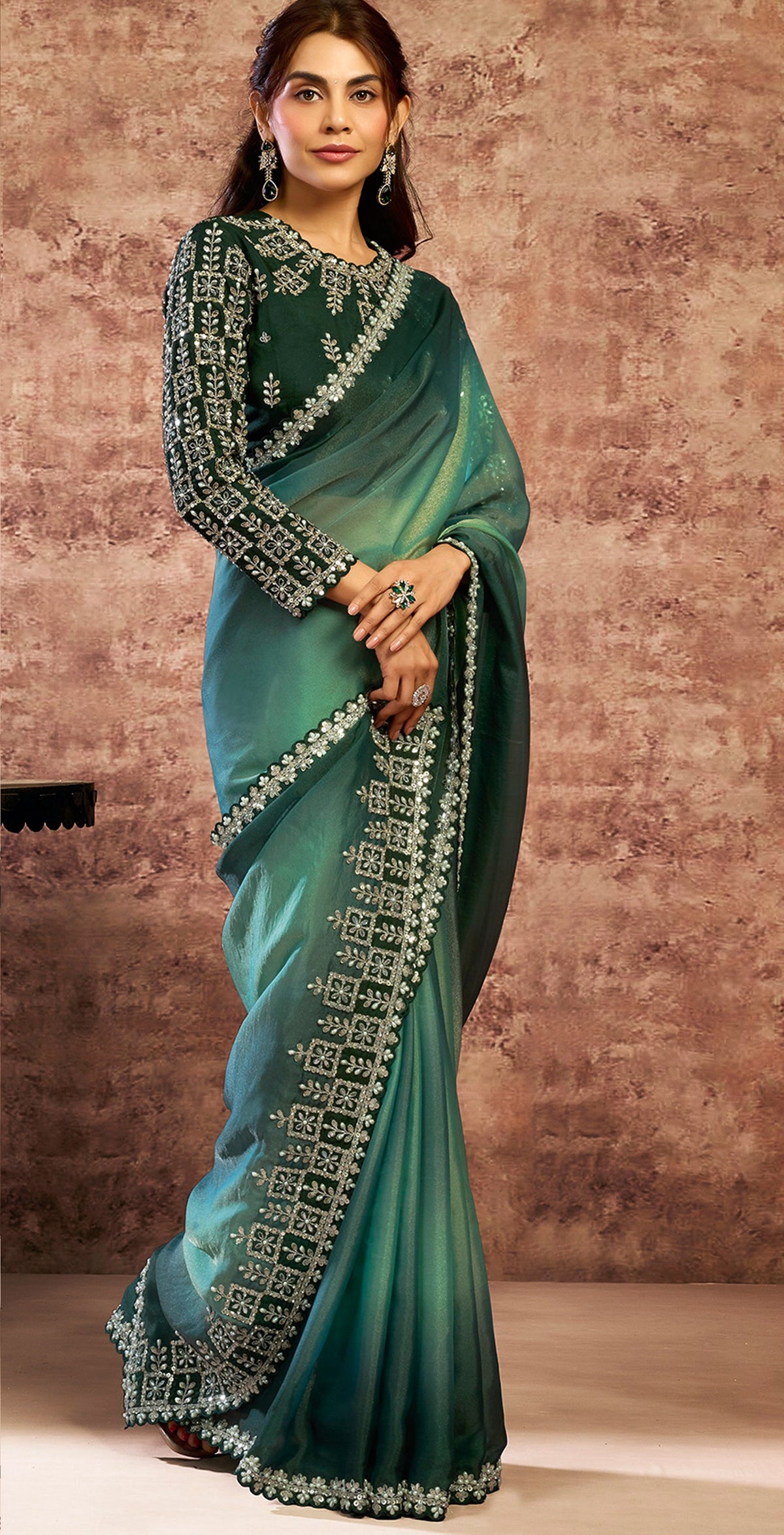 Ombré Green Embellished Soft Georgette Saree