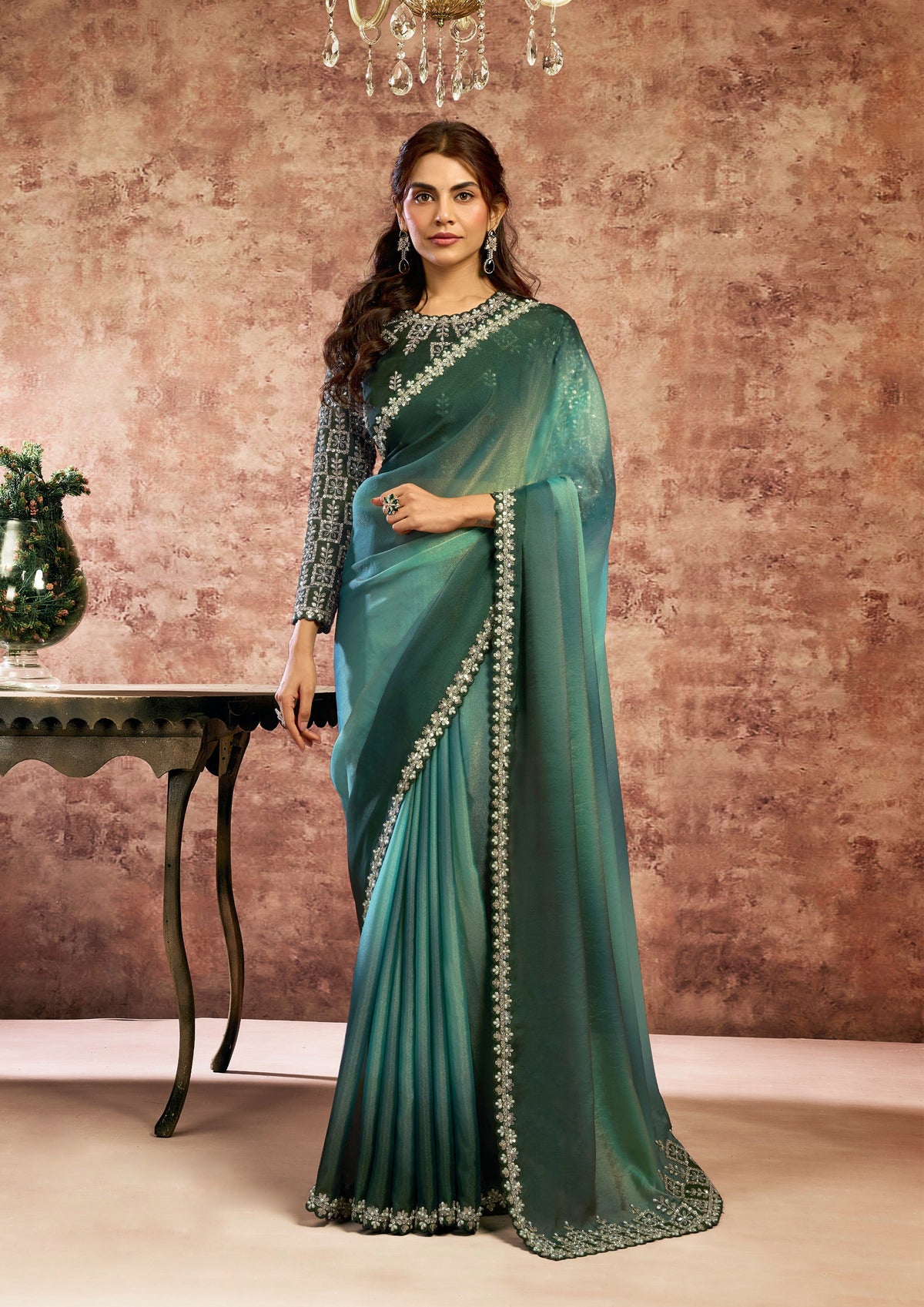 Ombré Green Embellished Soft Georgette Saree