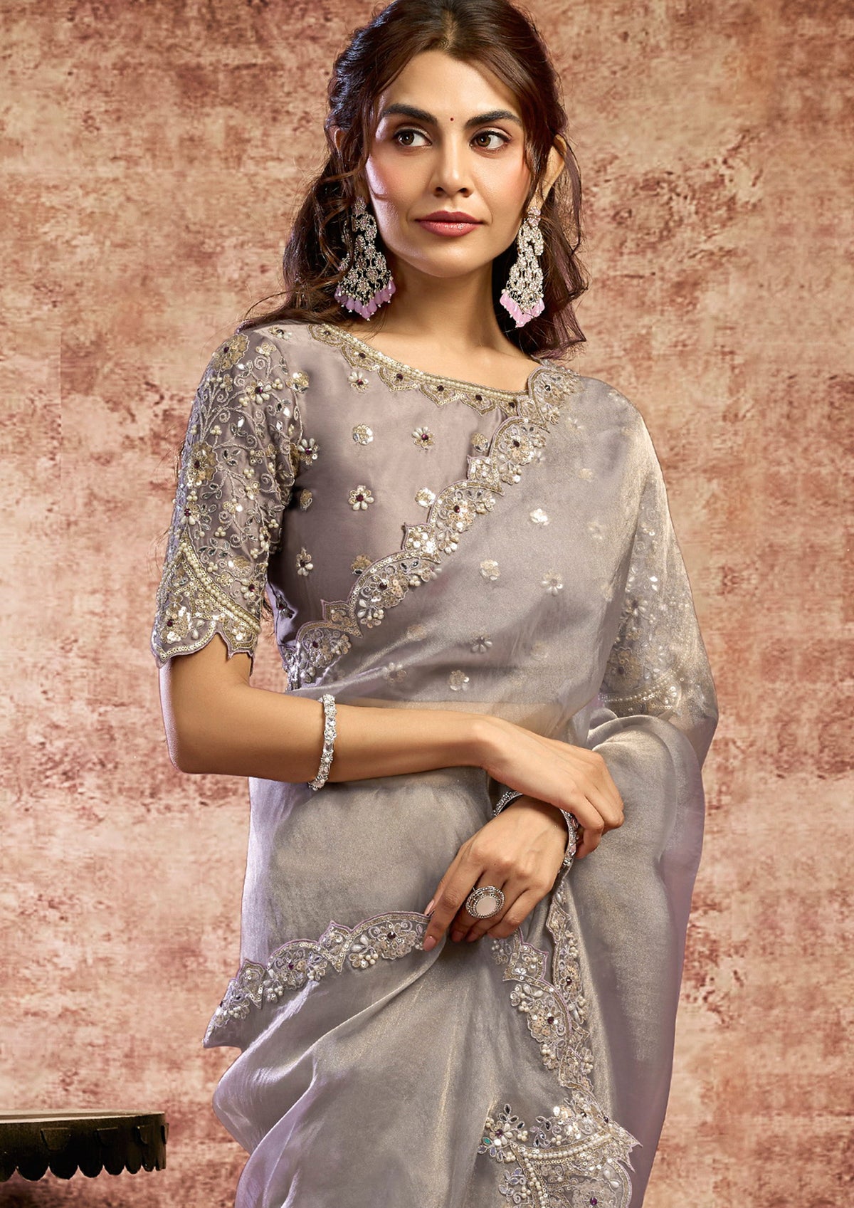 Metallic Charcoal Embellished Organza Satin Silk Saree