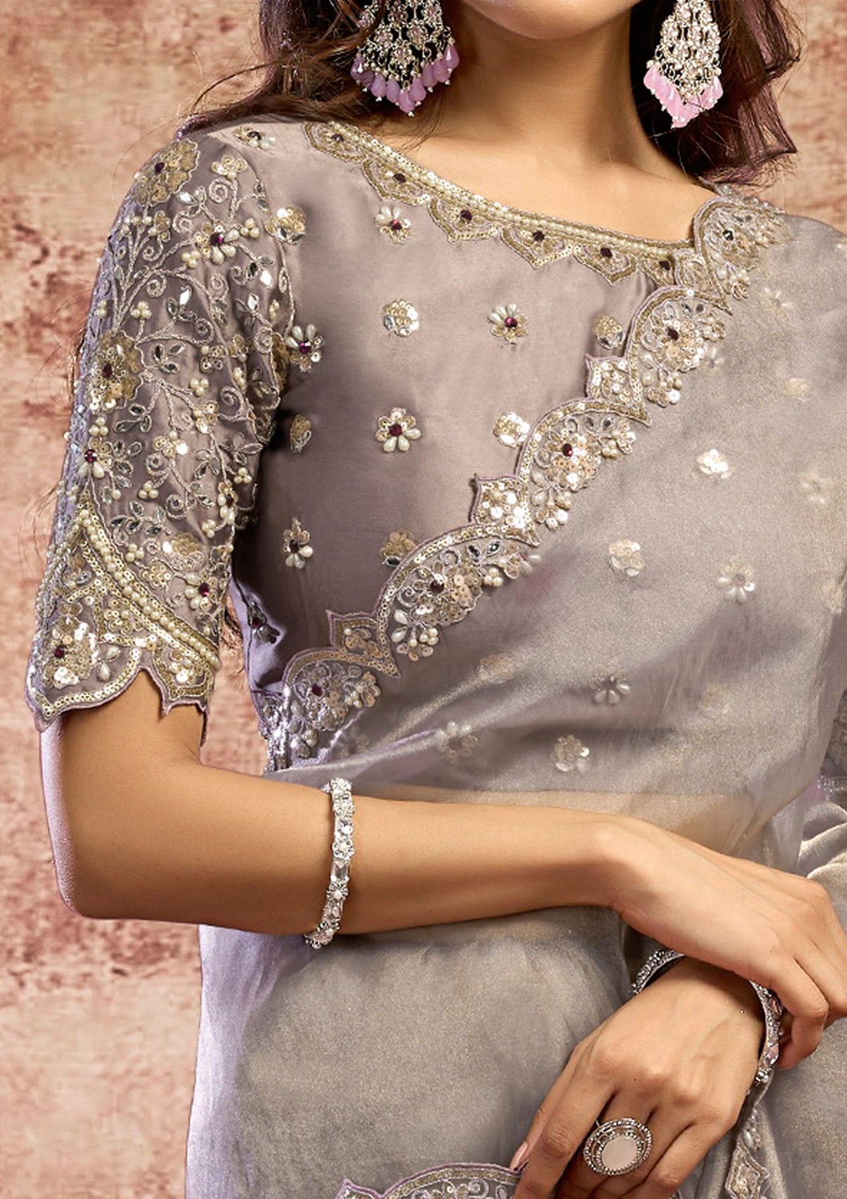 Metallic Charcoal Embellished Organza Satin Silk Saree