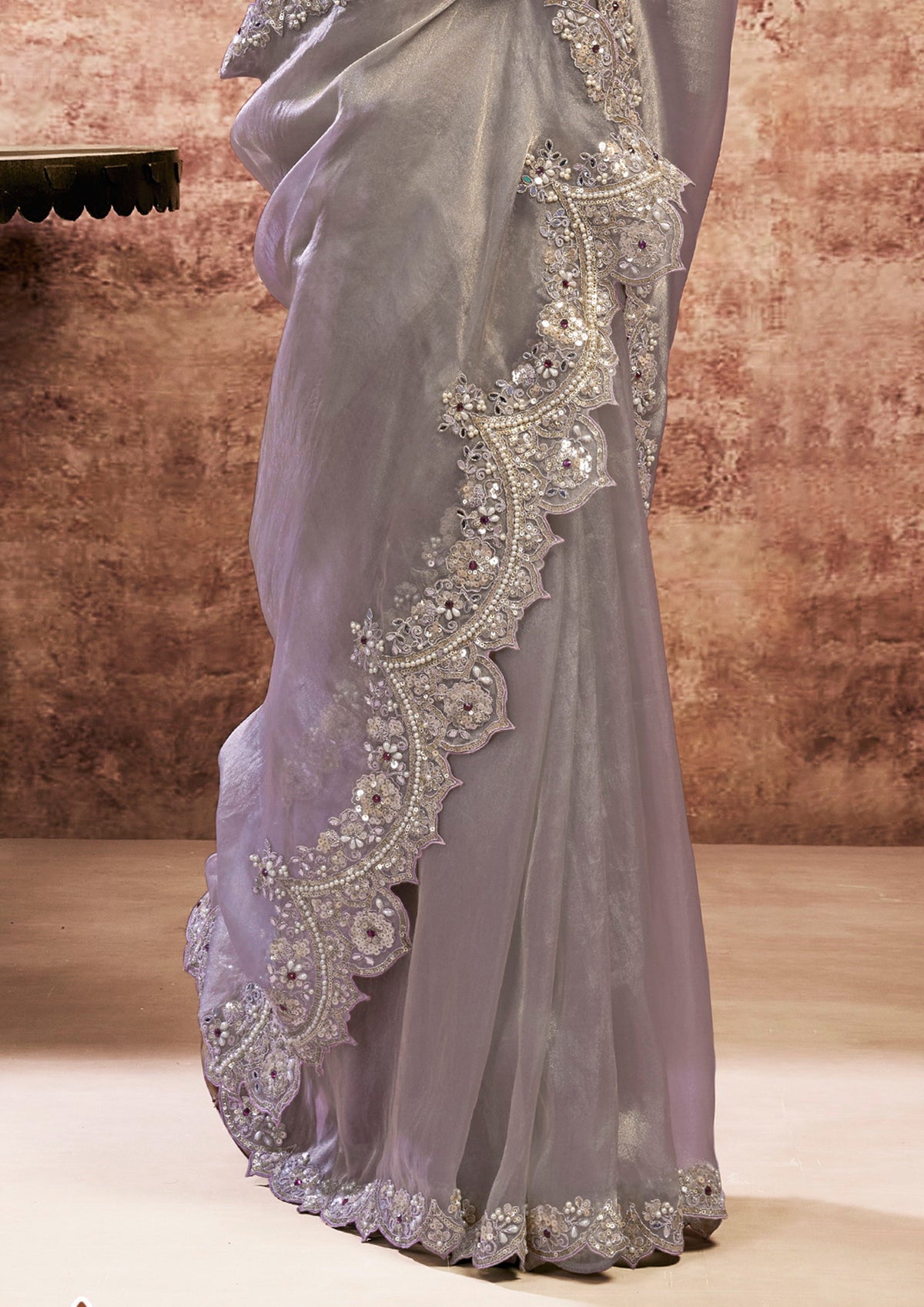 Metallic Charcoal Embellished Organza Satin Silk Saree
