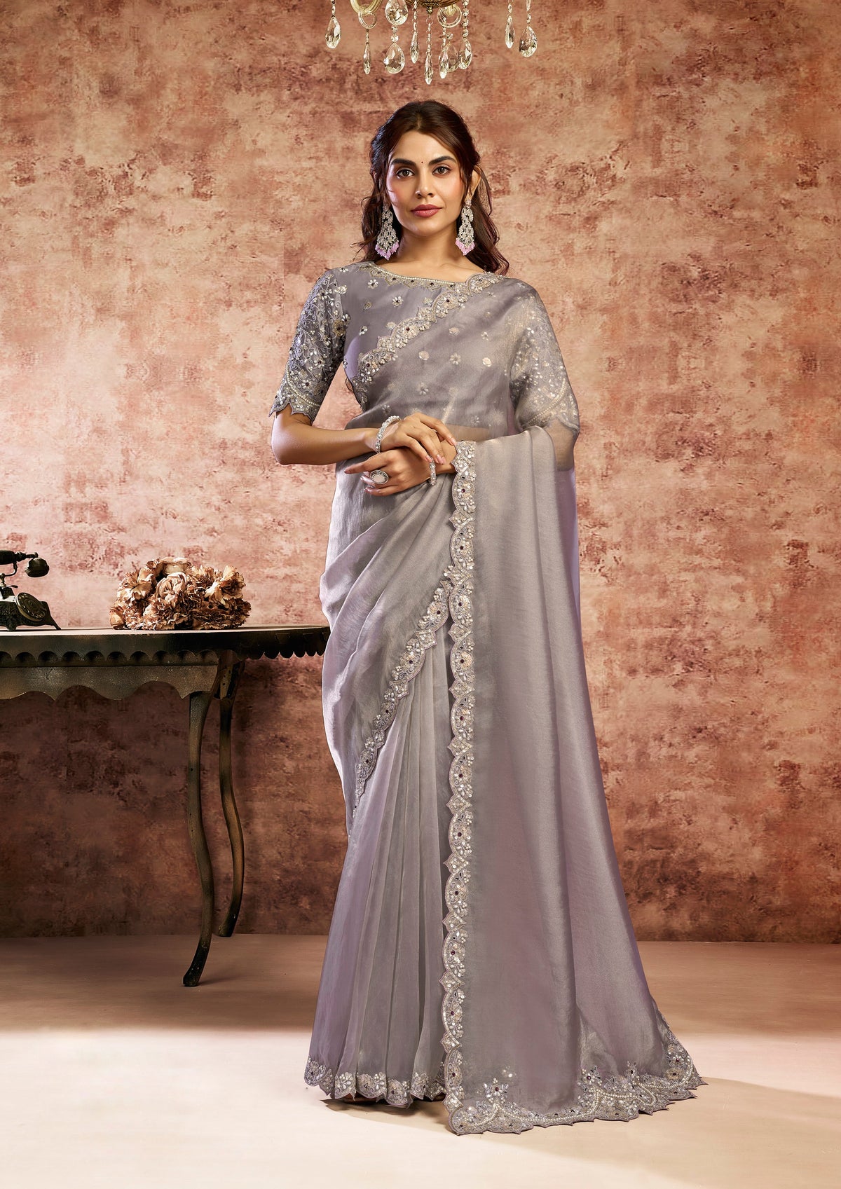 Metallic Charcoal Embellished Organza Satin Silk Saree