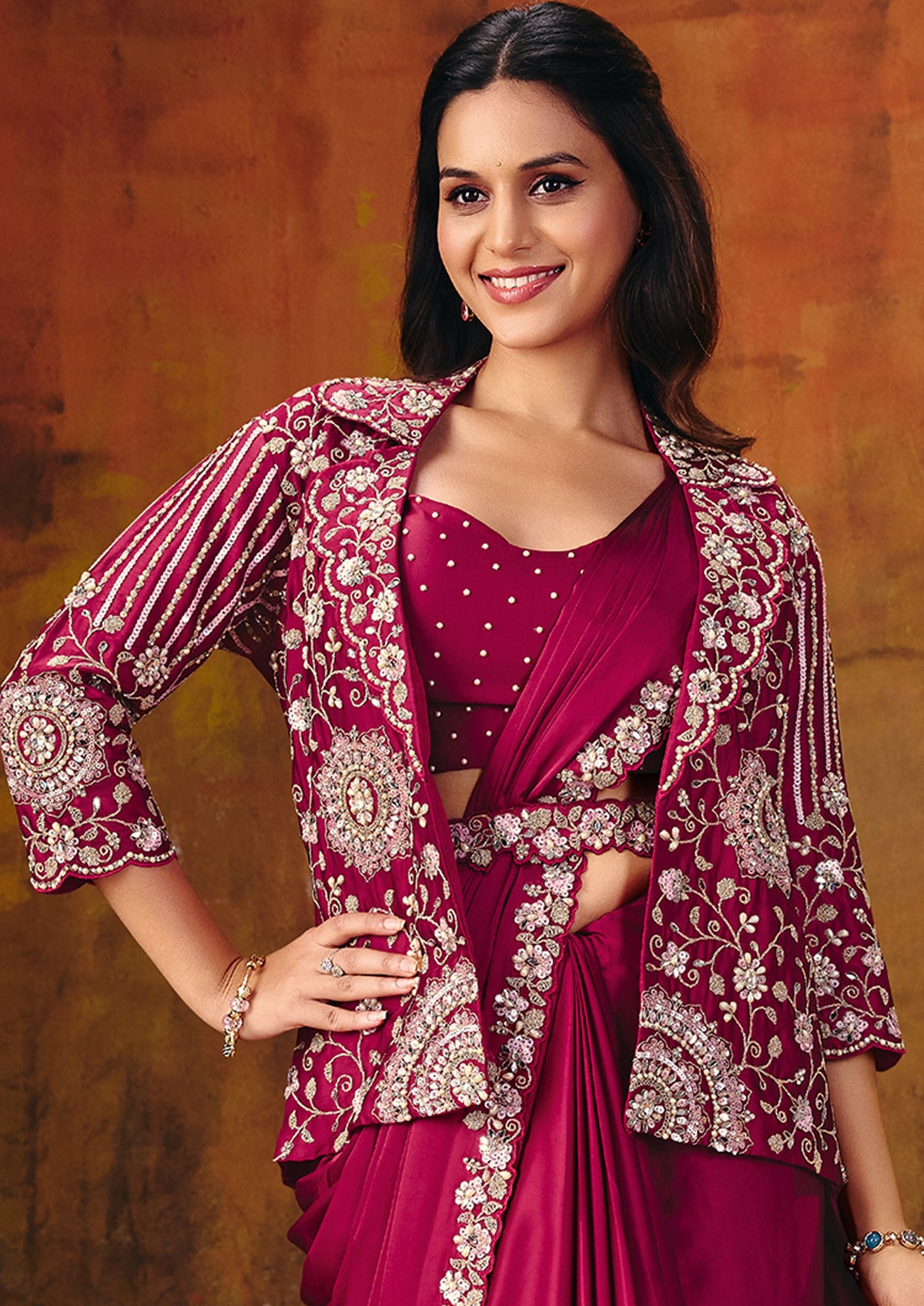 Rani Pink Embellished Satin Silk Saree