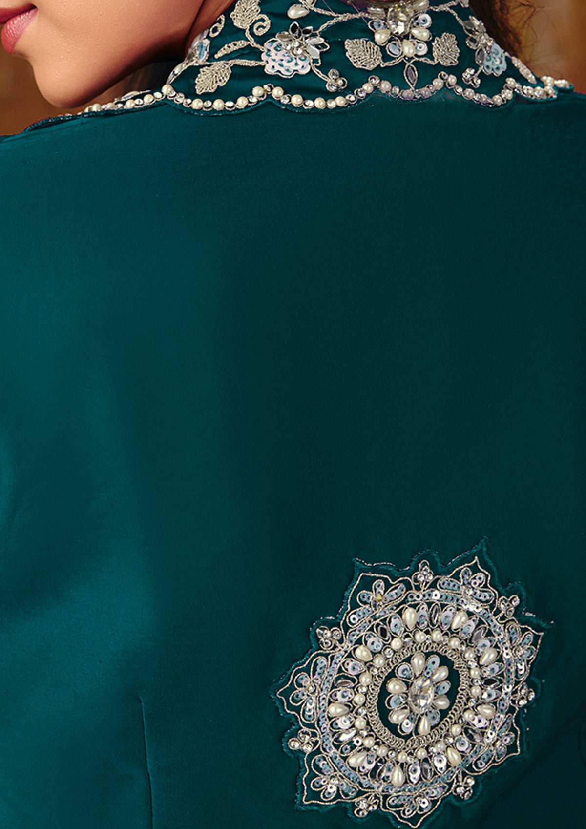Teal Green Embellished Satin Silk Saree