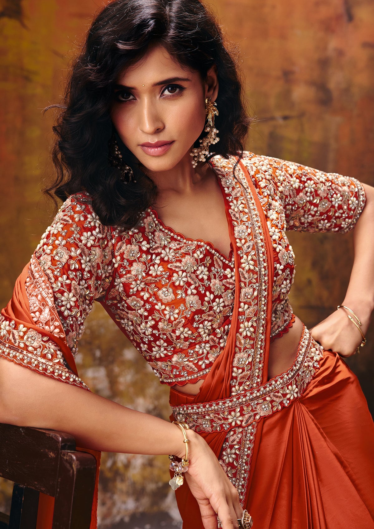 Fiery Orange Embellished Satin Silk Saree
