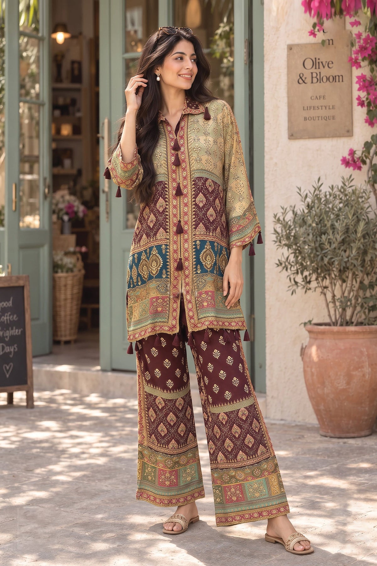 Plum Multicolor Embellished Crepe Silk Co-Ord Set