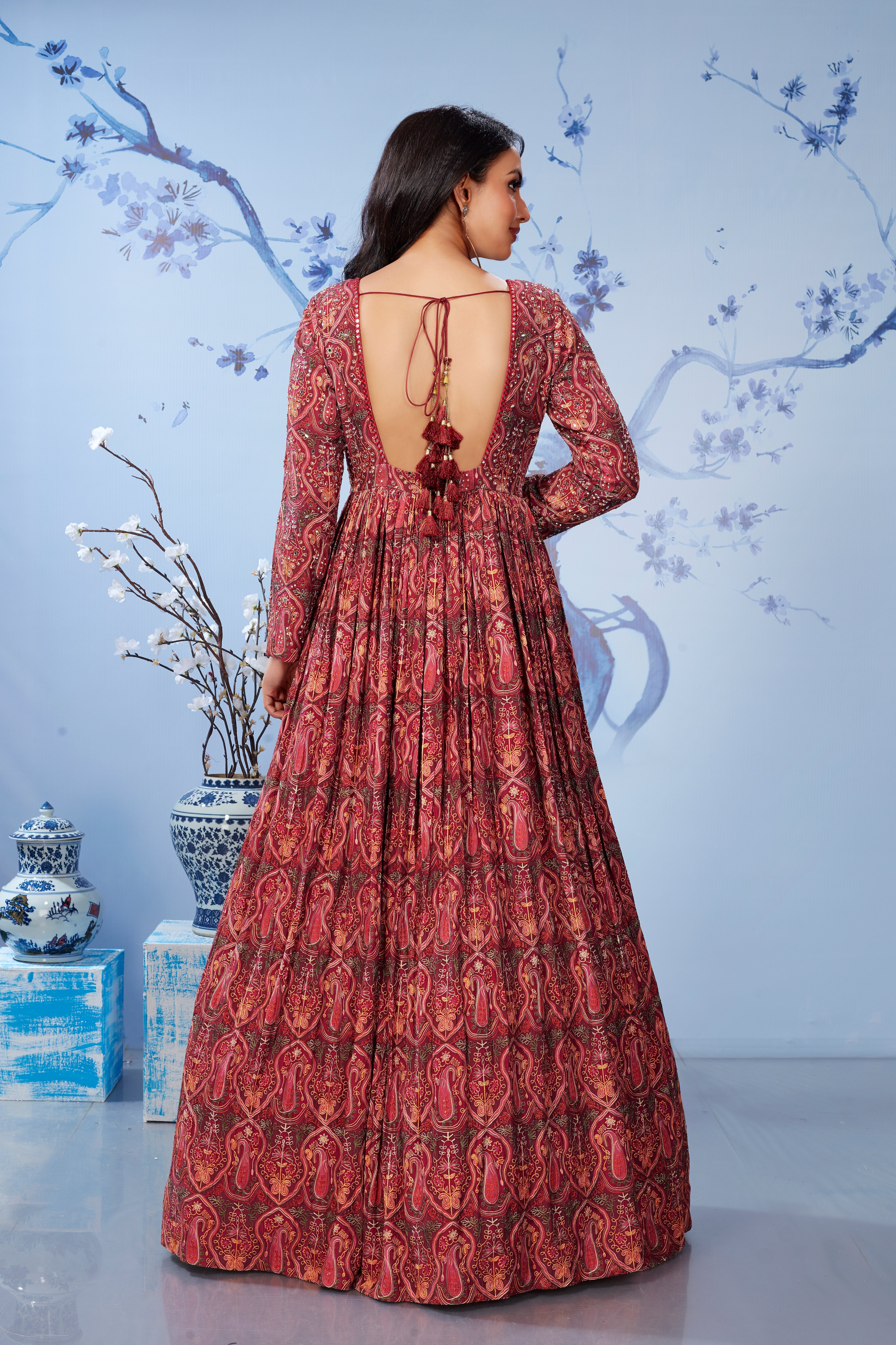 Crimson Red Floral Printed Premium Silk Gown