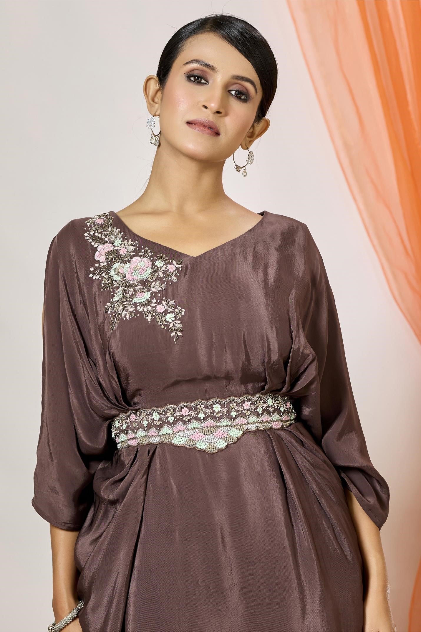Classic Brown Embellished Crepe Silk Tunic & Dhoti Set