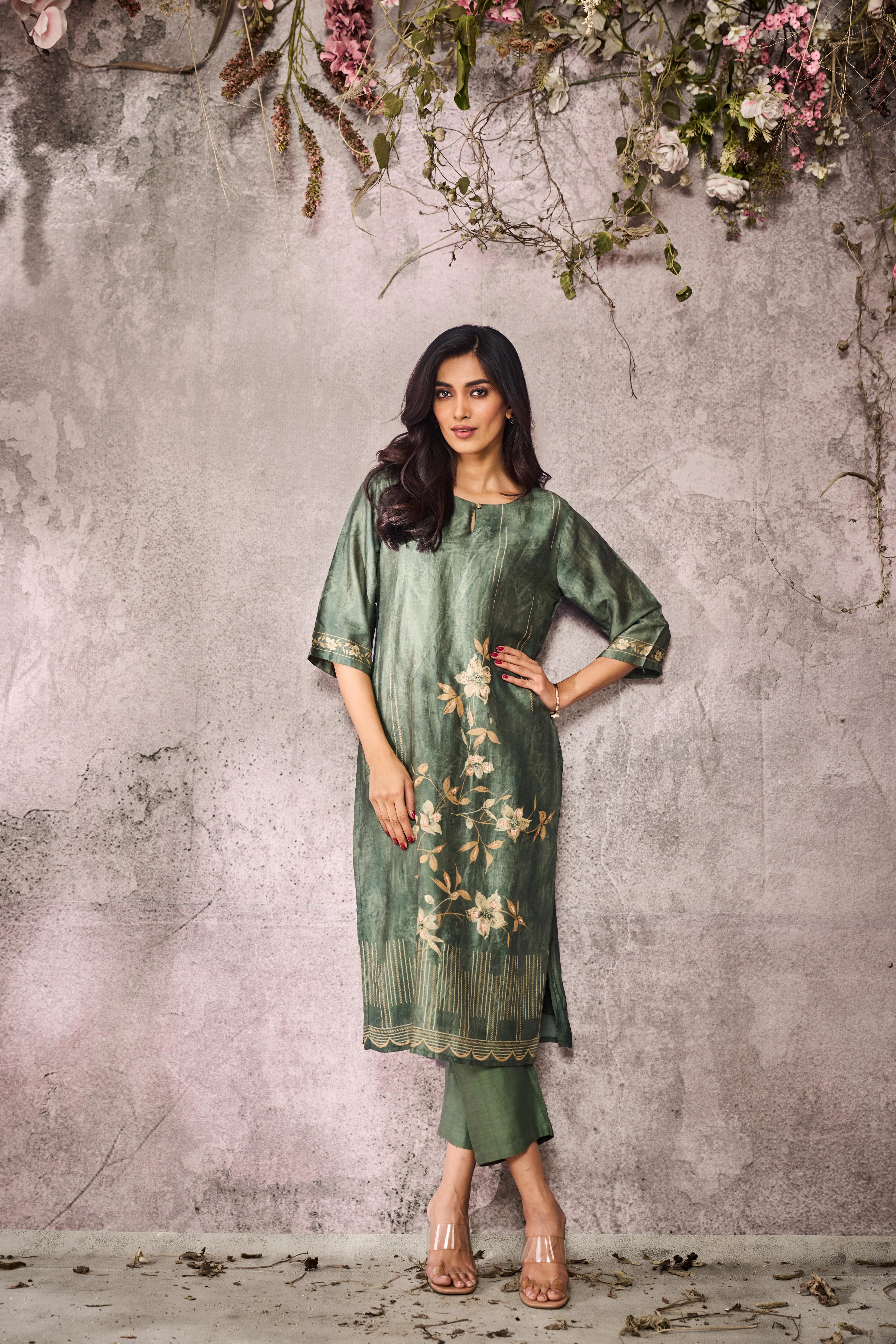 Moss Green Printed Muslin Silk Kurta Set
