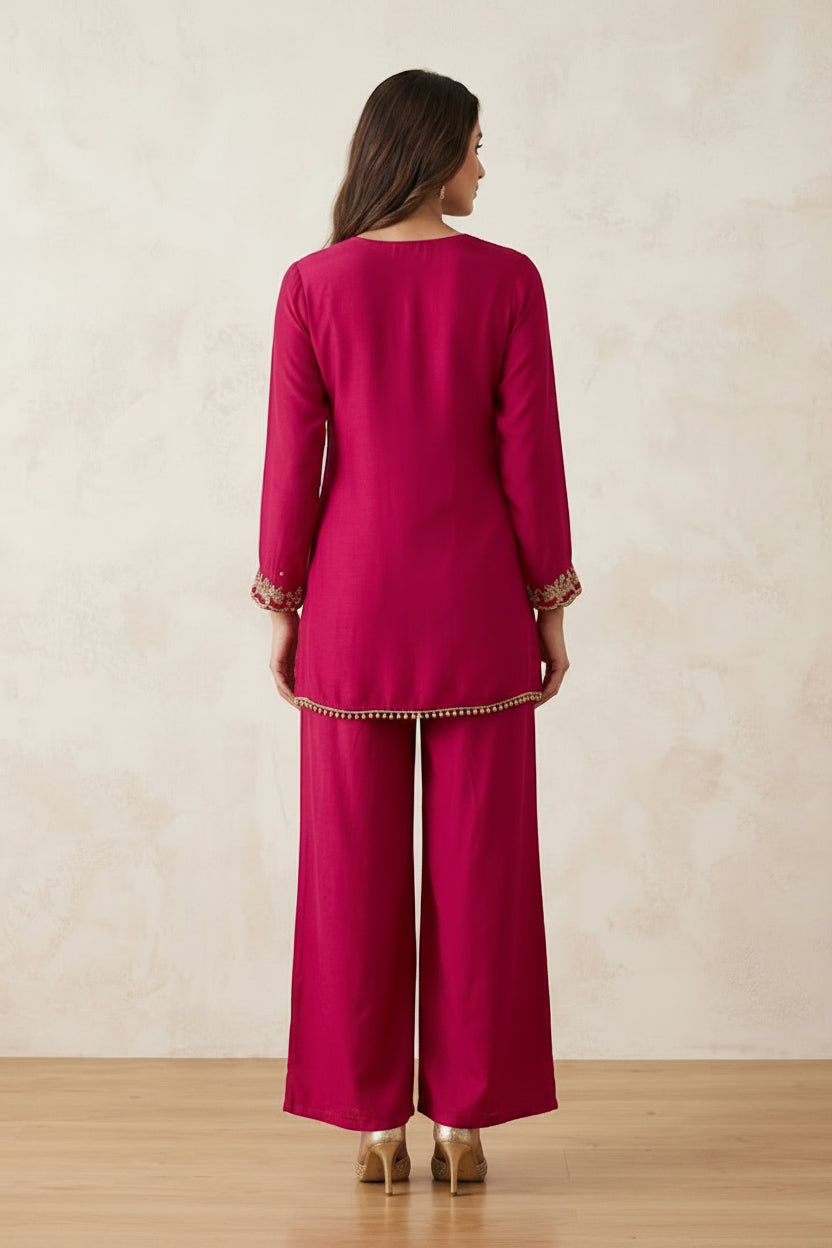 Raspberry Pink Embellished Chinon Silk Palazzo Set