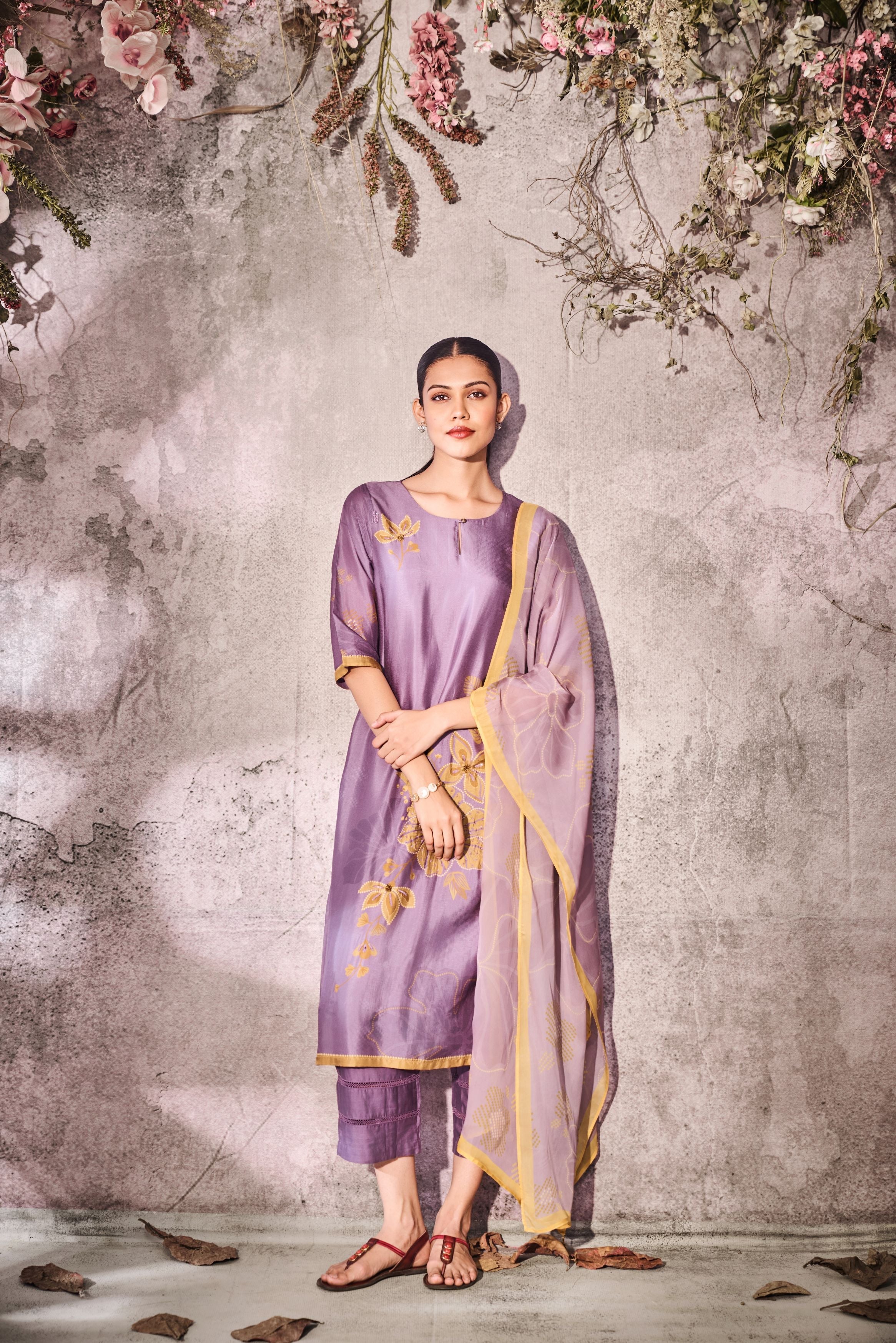 Lavender Printed Tussar Silk Pants Set
