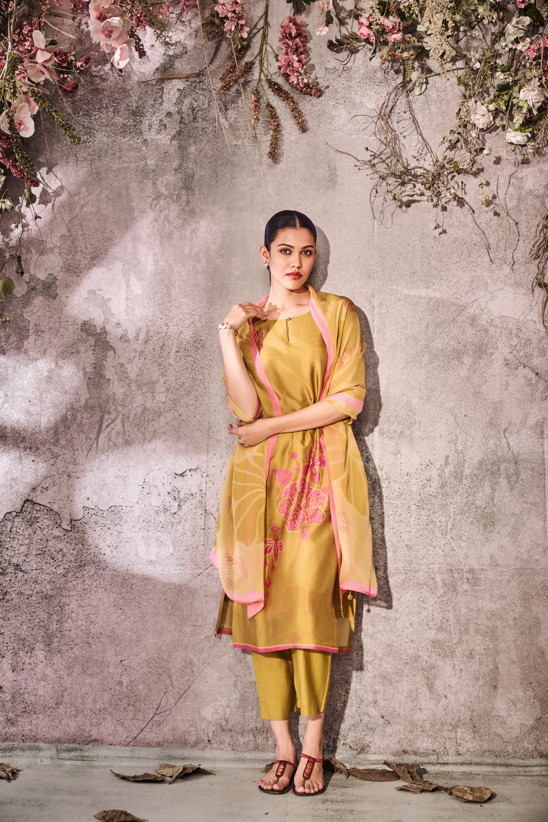 Mustard Yellow Printed Tussar Silk Pants Set