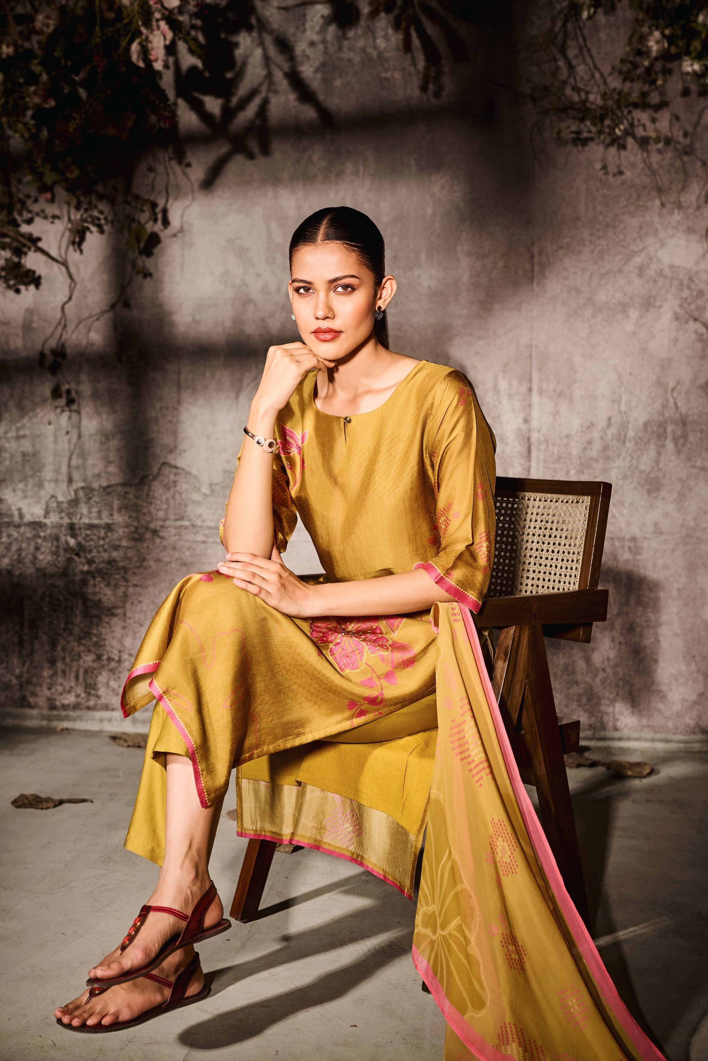 Mustard Yellow Printed Tussar Silk Pants Set