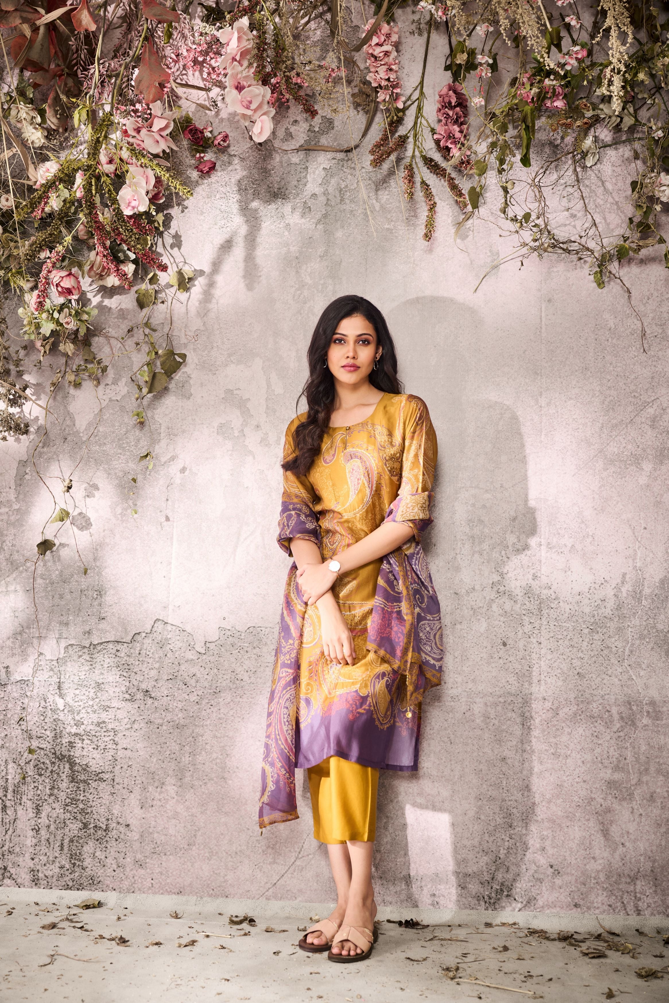 Mustard Printed Tussar Silk Pants Set