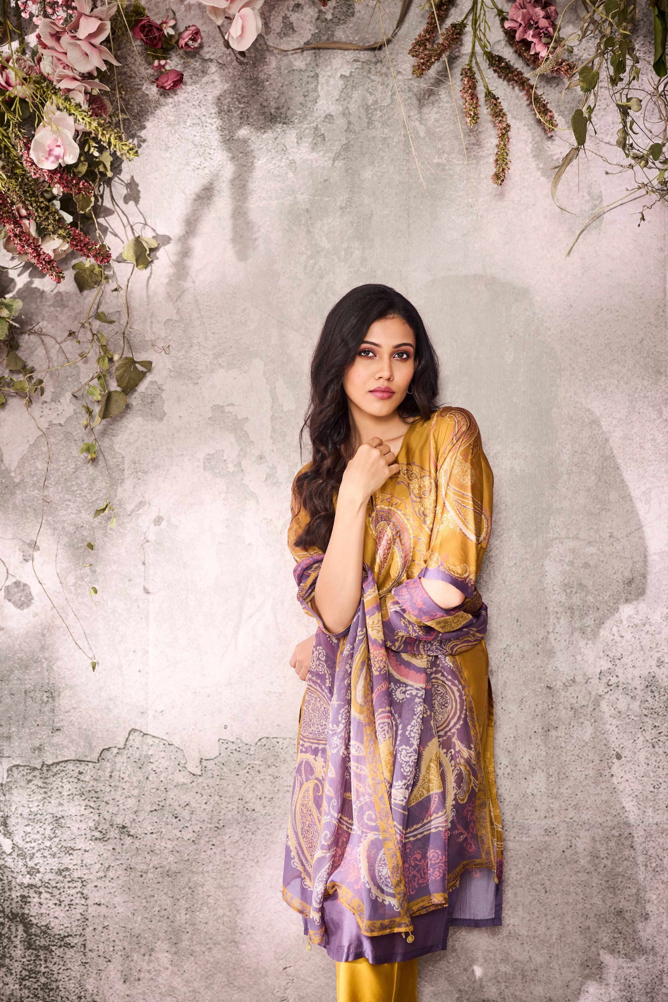 Mustard Printed Tussar Silk Pants Set