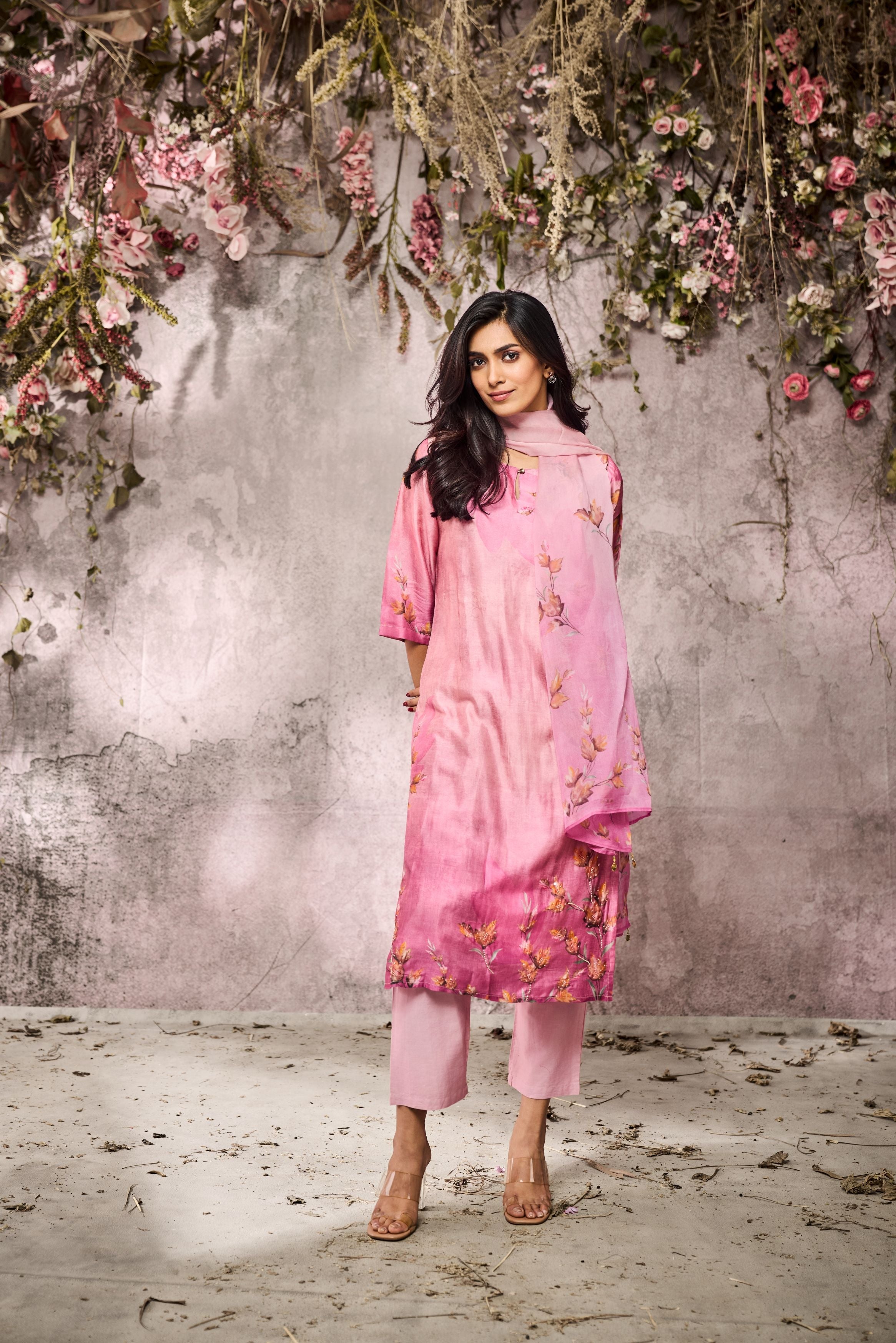 Pink Printed Tussar Silk Pants Set