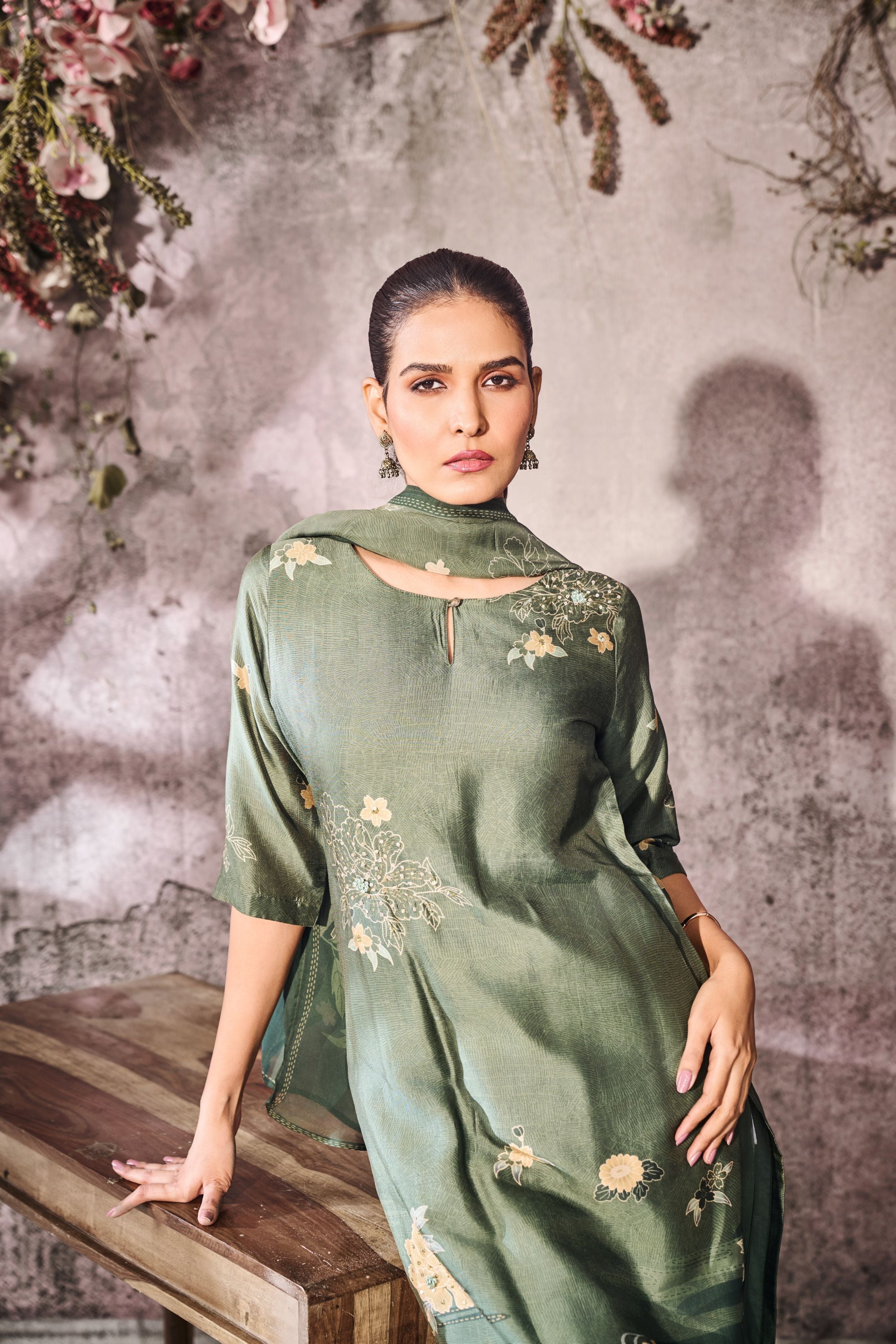 Moss Green Printed Tussar Silk Pants Set
