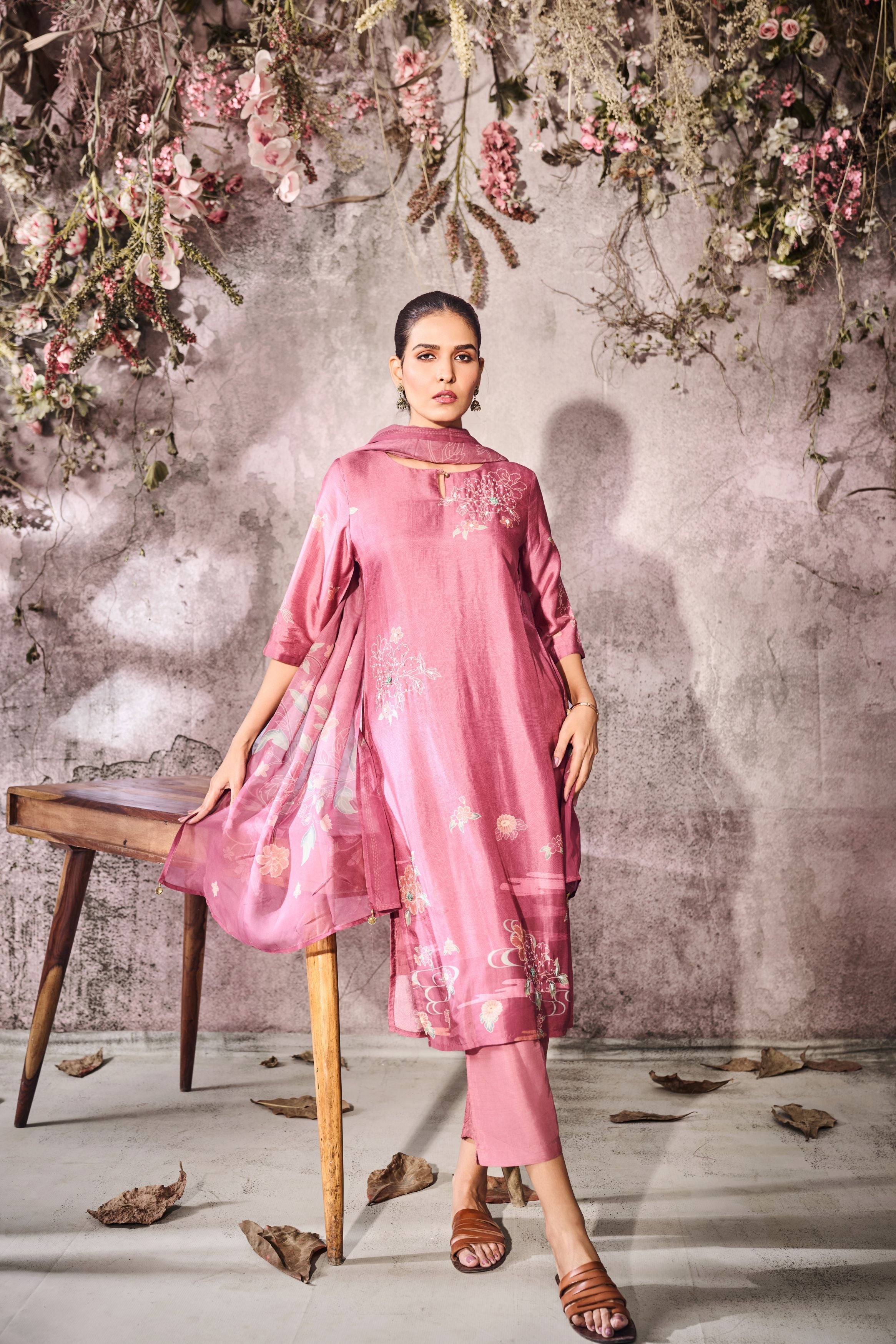 Pink Printed Tussar Silk Pants Set