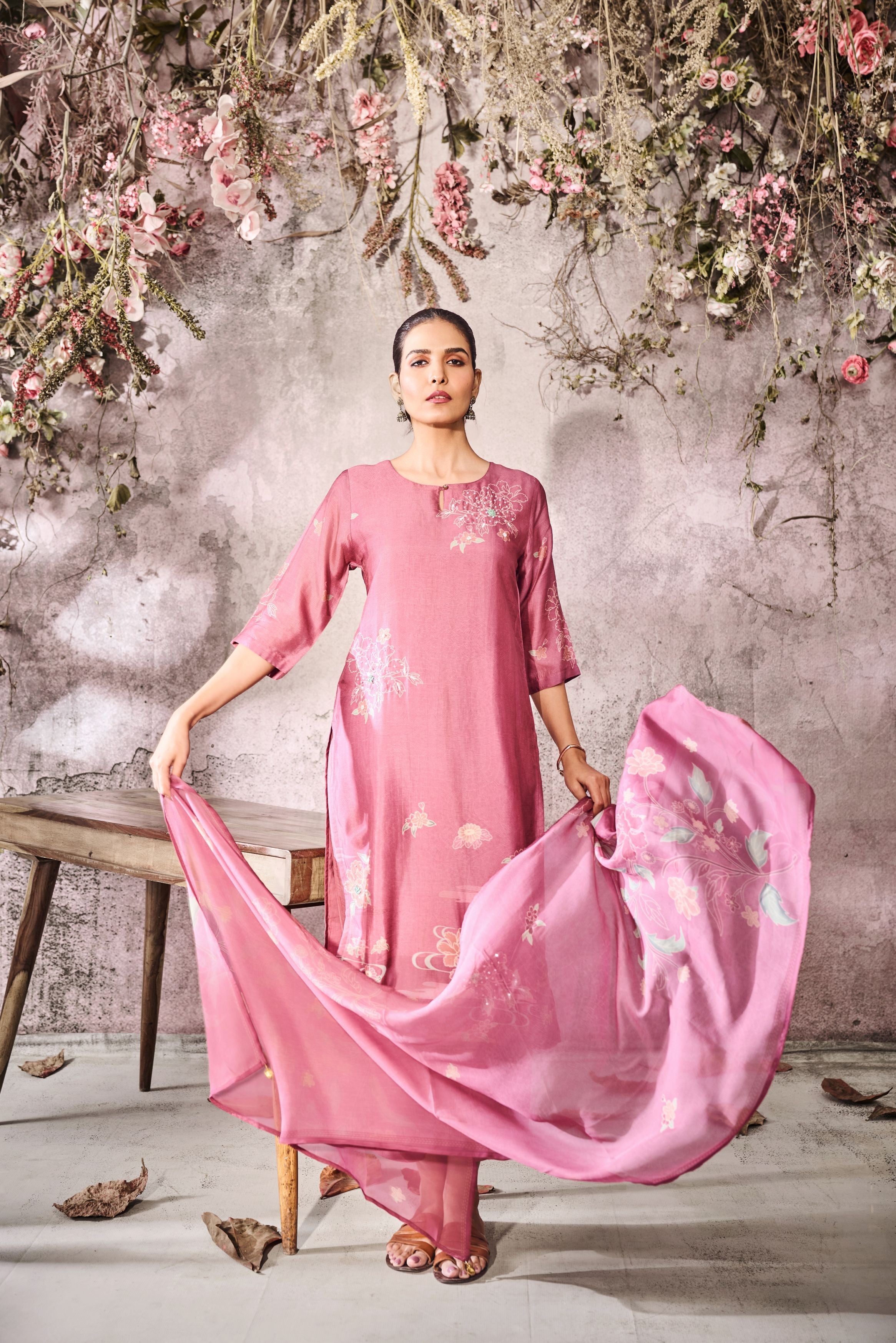 Pink Printed Tussar Silk Pants Set