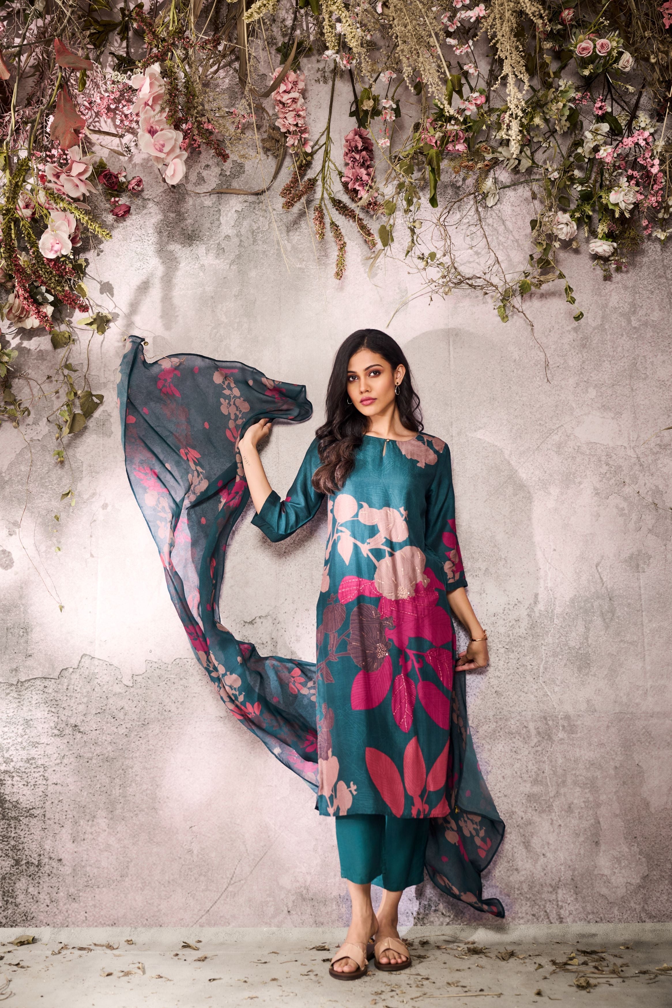 Teal Blue Printed Tussar Silk Pants Set