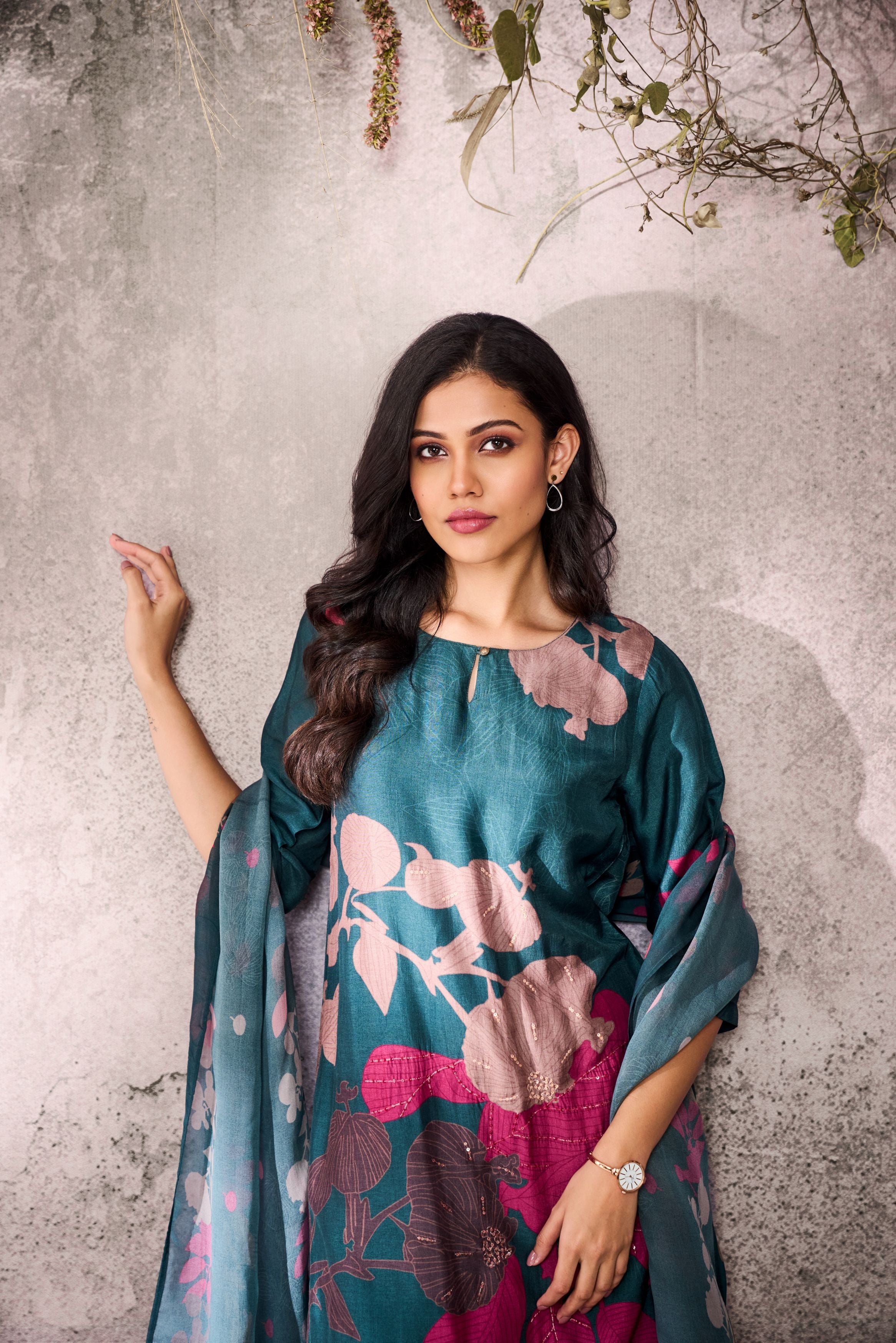Teal Blue Printed Tussar Silk Pants Set