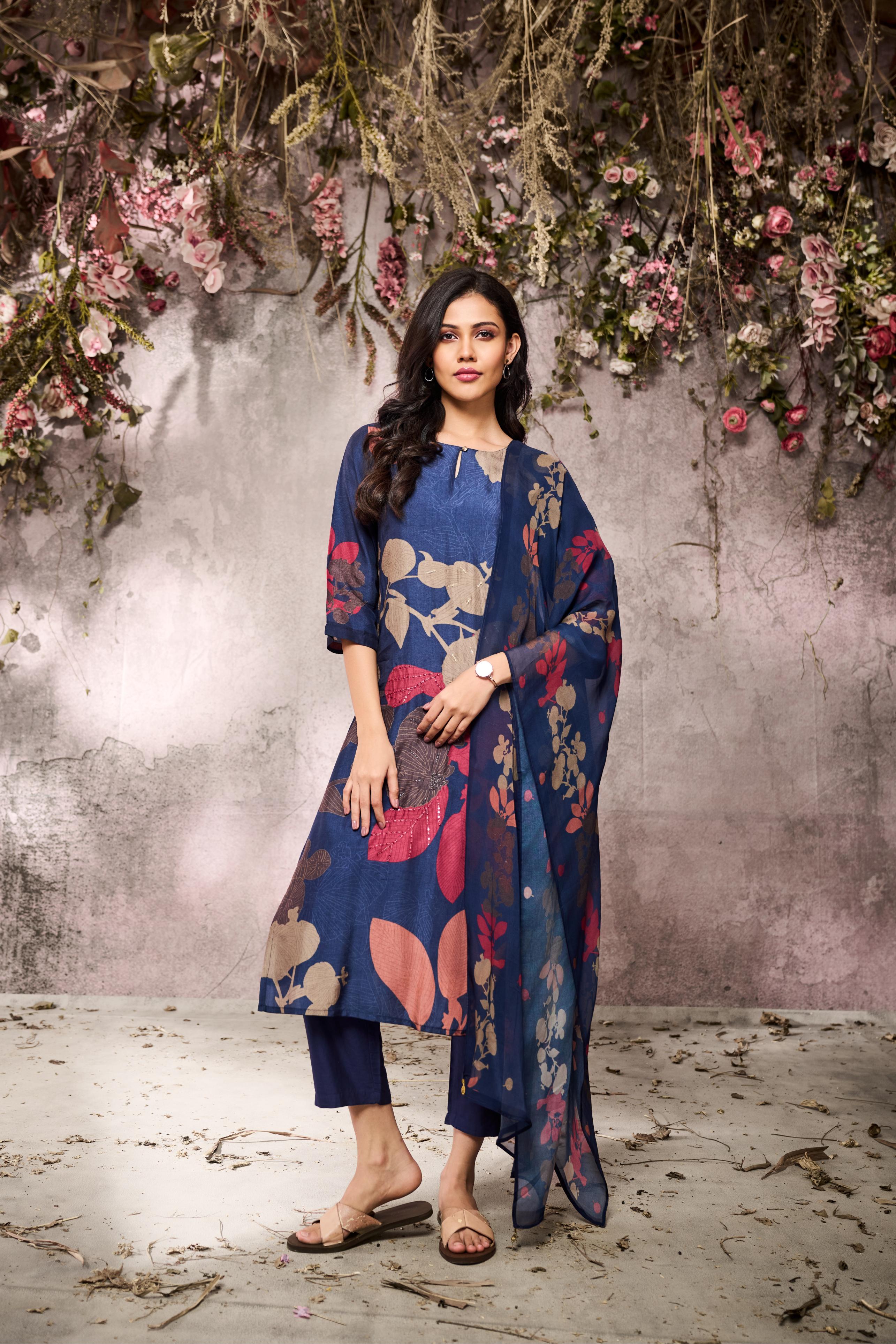 Blue Printed Tussar Silk Pants Set