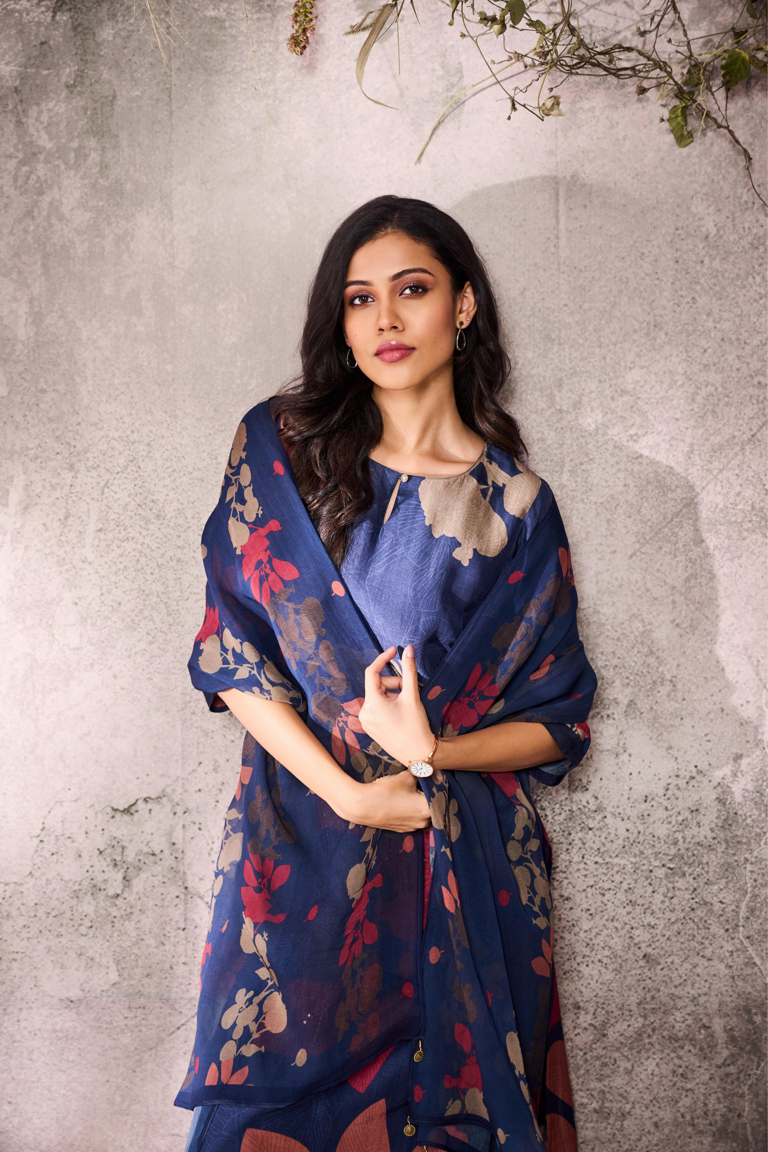 Blue Printed Tussar Silk Pants Set