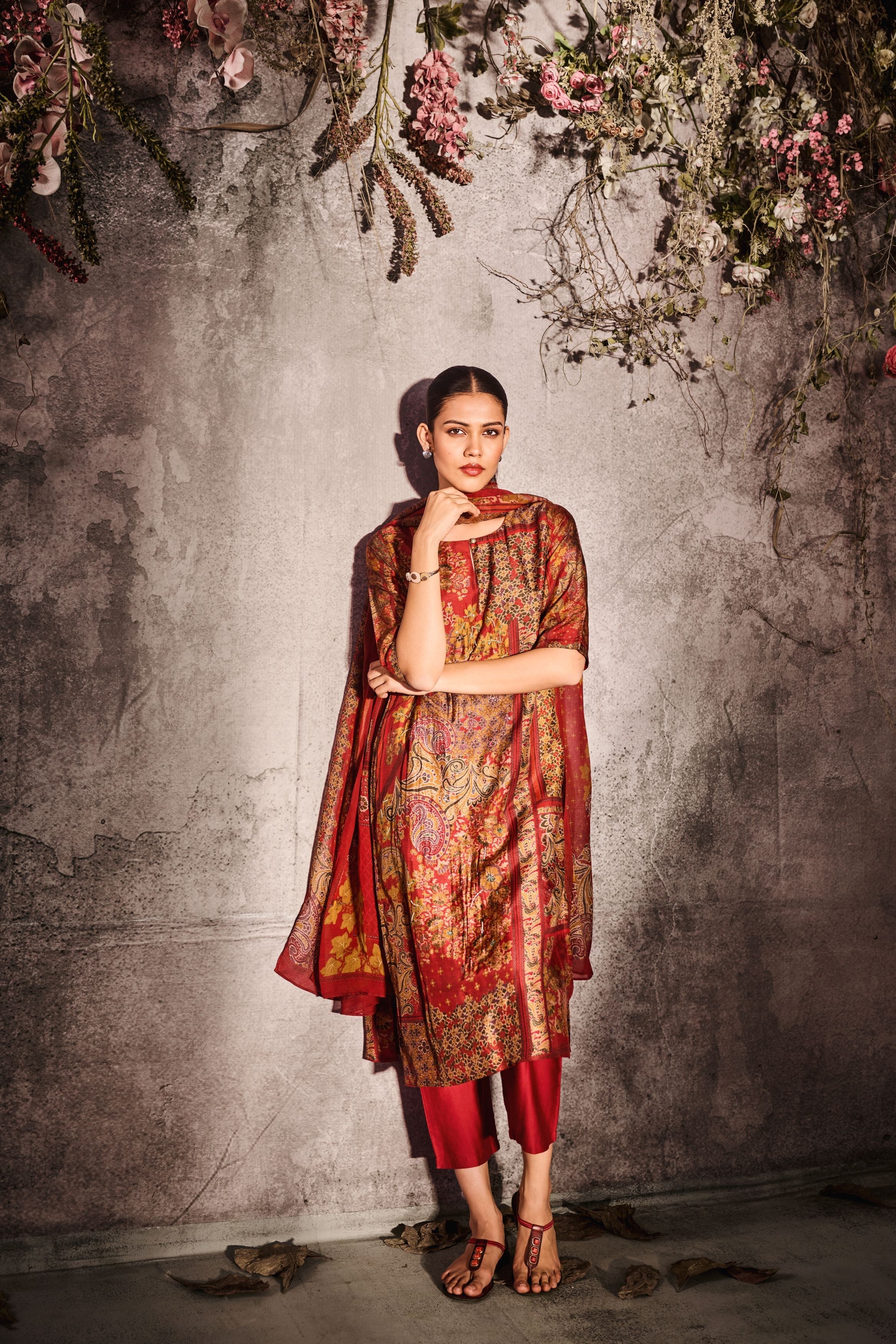 Reddish Red Printed Tussar Silk Pants Set