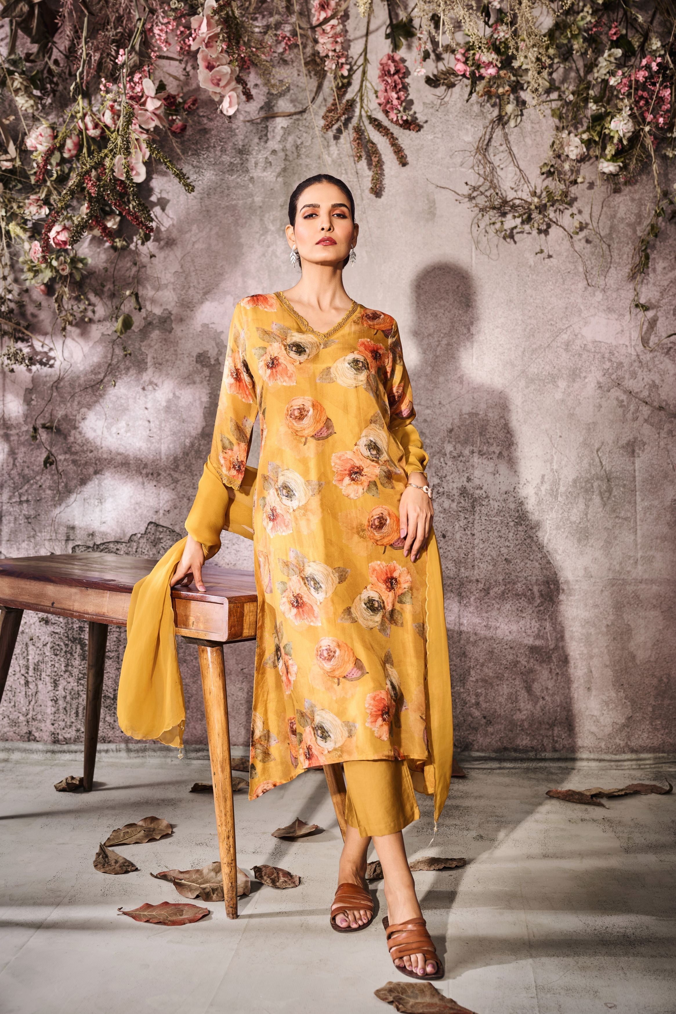 Yellow Printed Tussar Silk Pants Set
