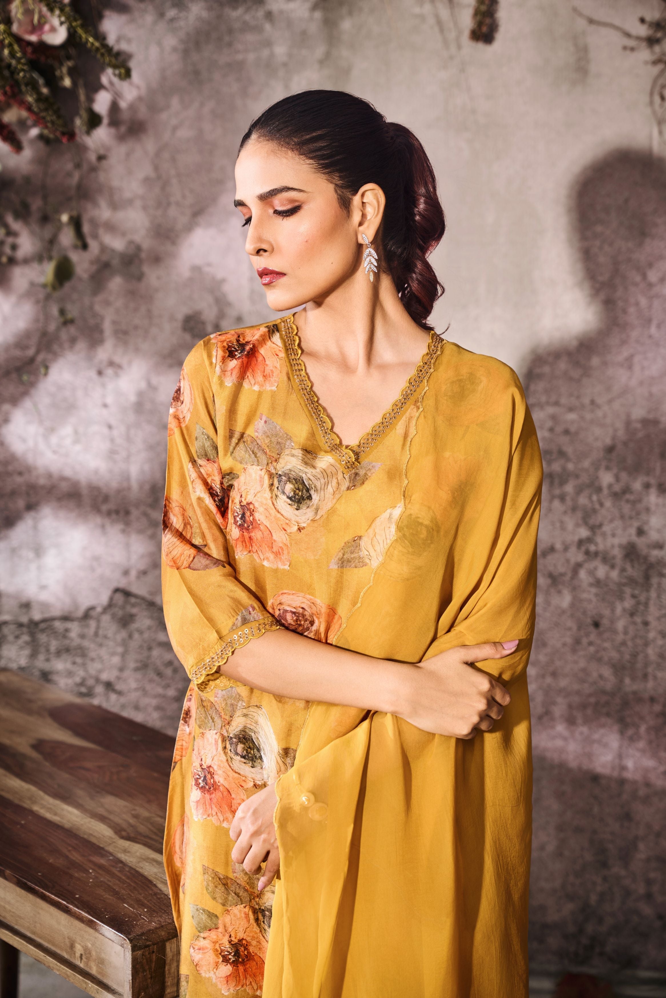 Yellow Printed Tussar Silk Pants Set