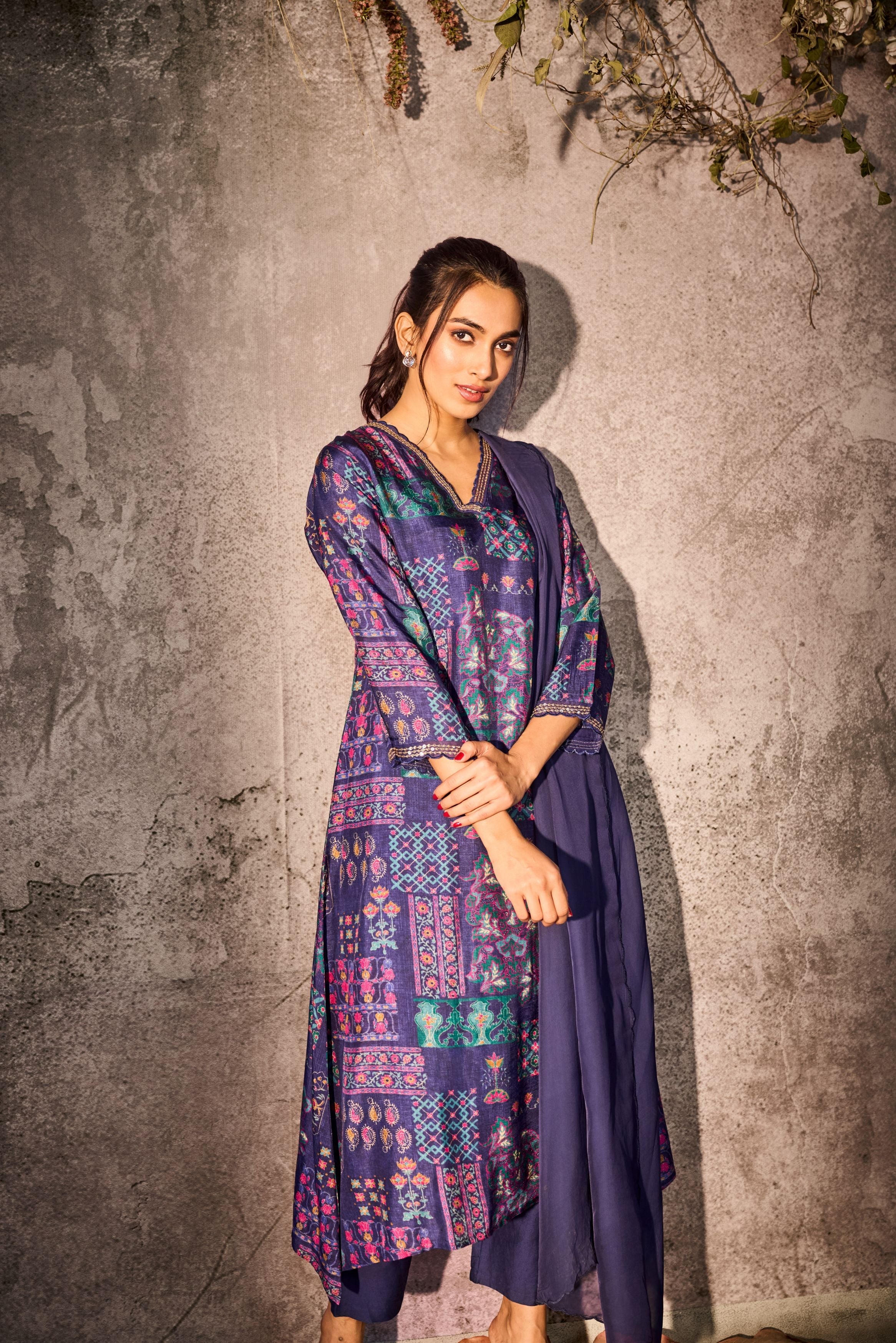 Tacao Purple Printed Tussar Silk Pants Set