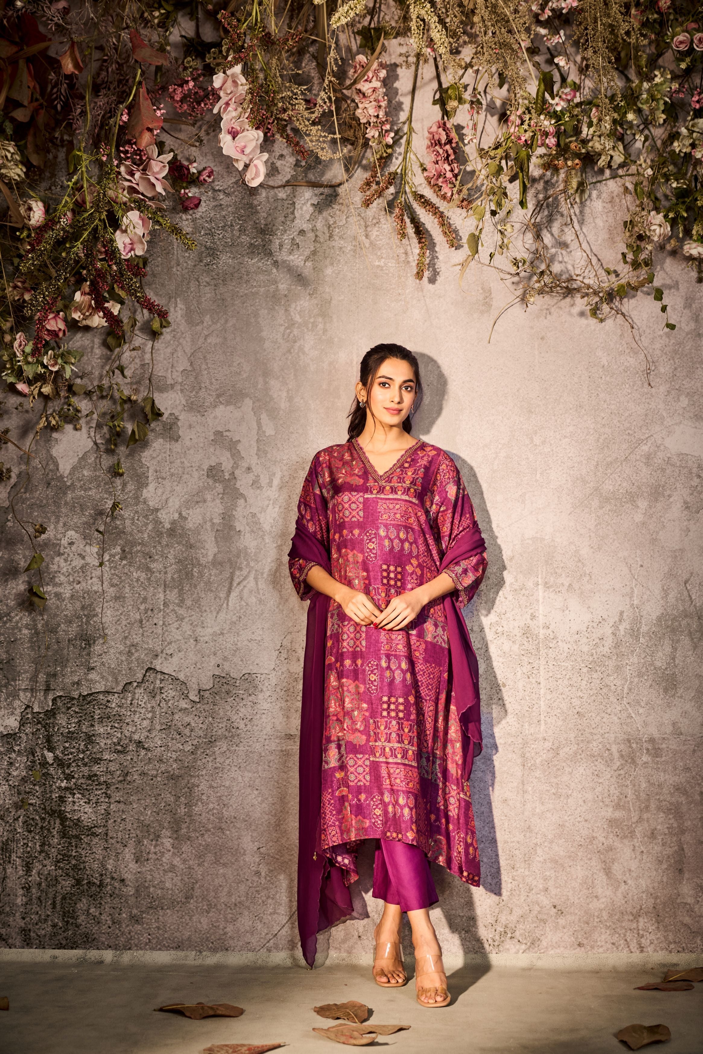 Wild Strawberry Pink Printed Tussar Silk Pants Set