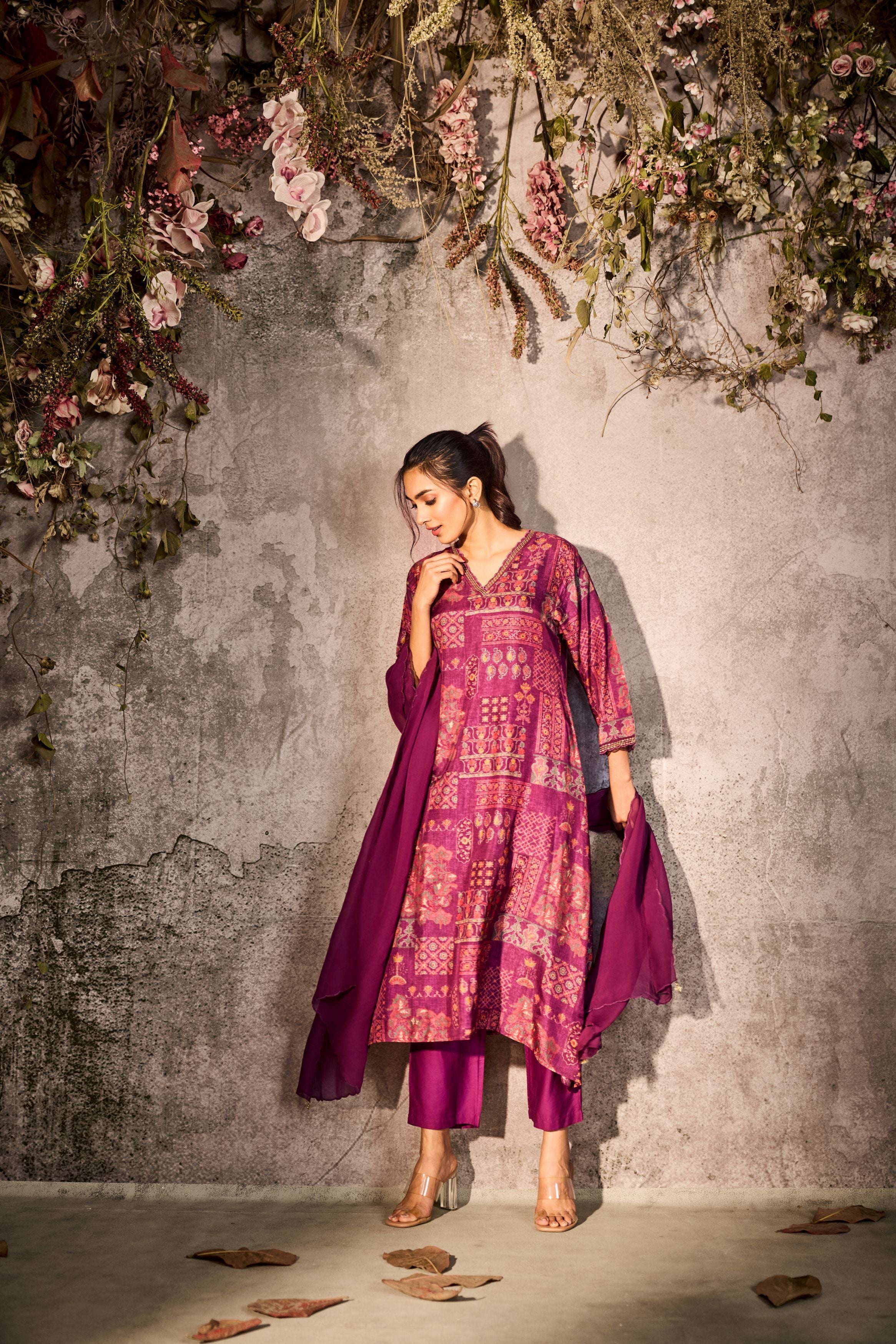 Wild Strawberry Pink Printed Tussar Silk Pants Set