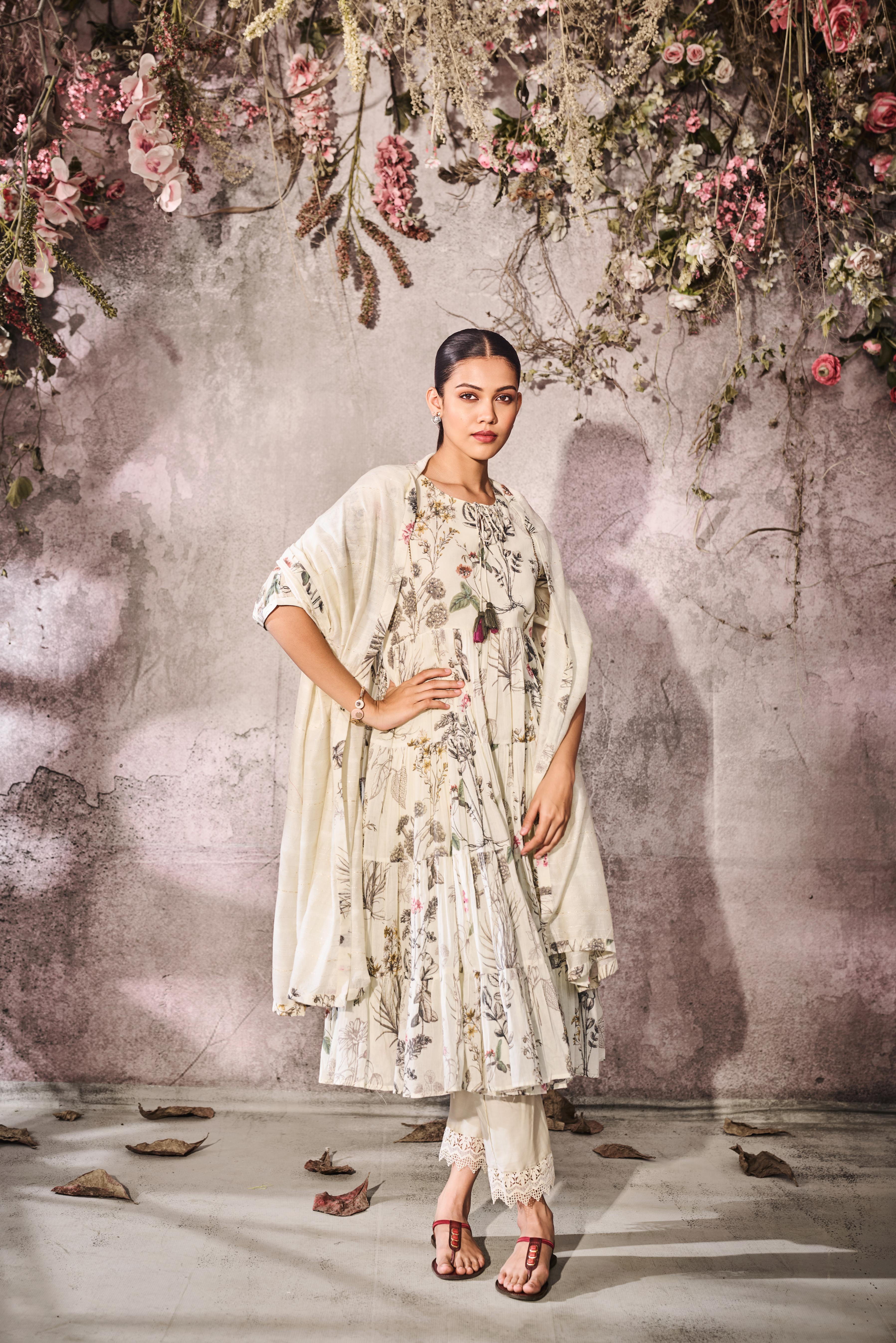 Off-White Printed Tussar Silk Anarkali Set
