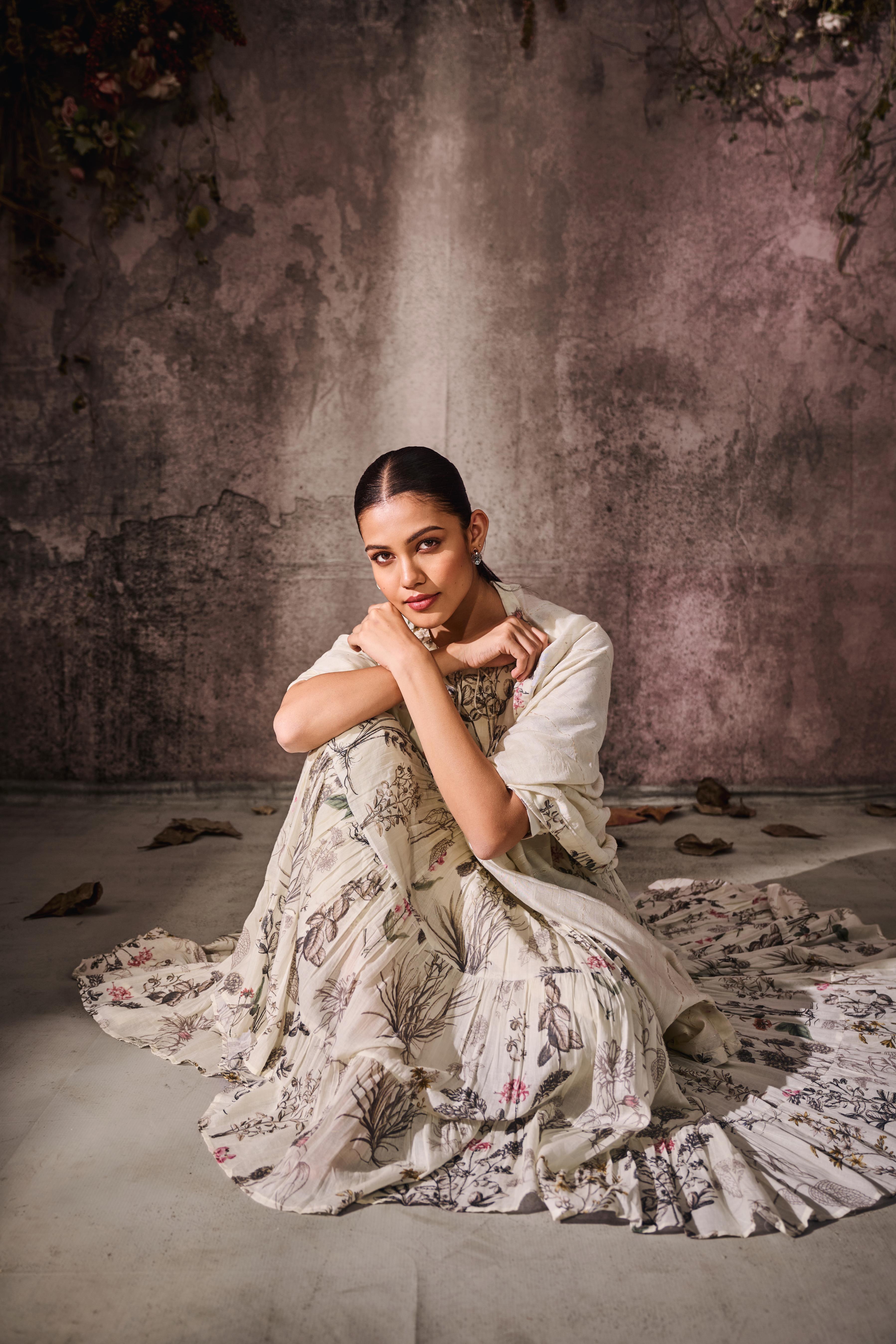 Off-White Printed Tussar Silk Anarkali Set