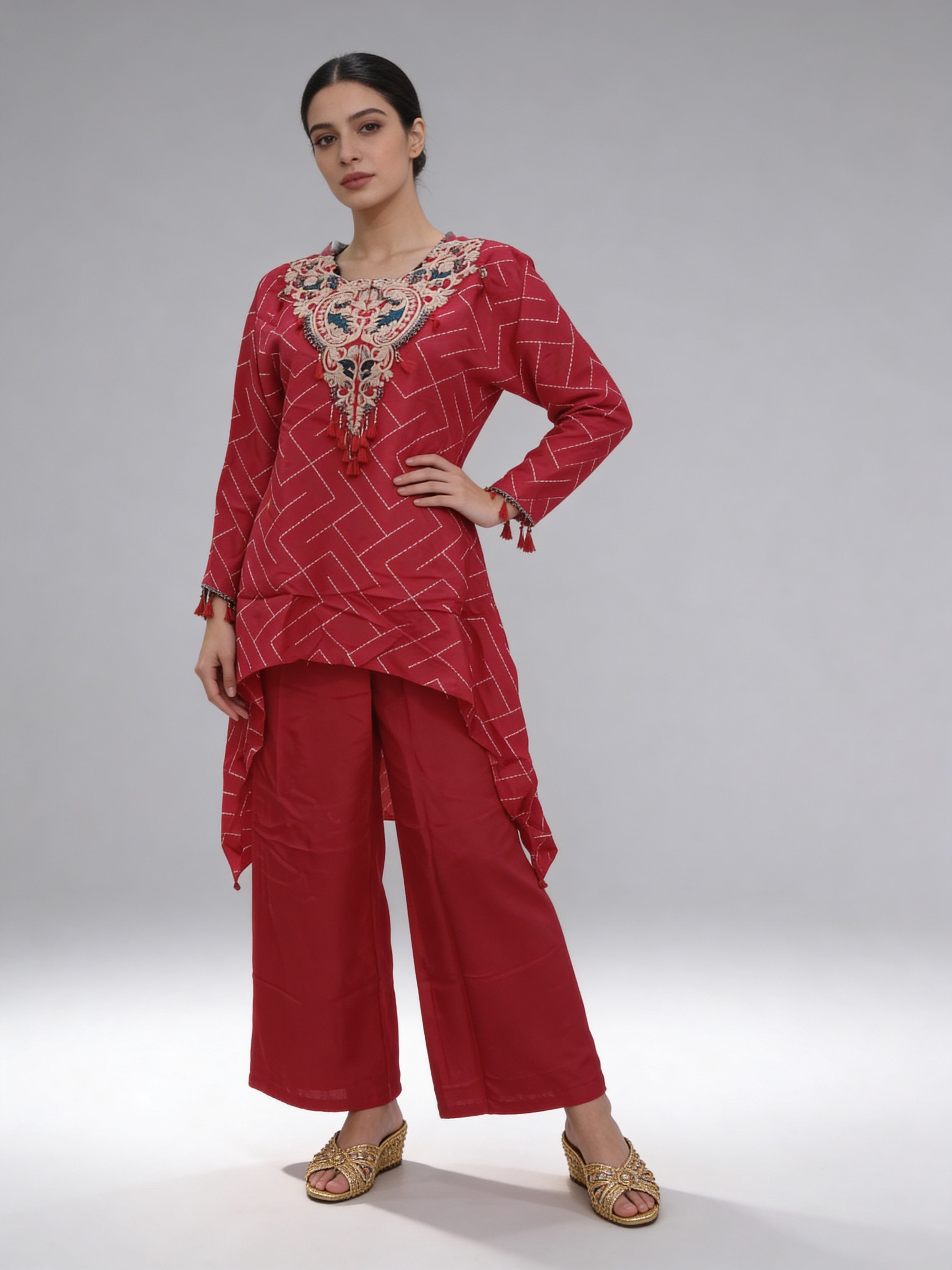 Dark Pink Embellished Premium Silk Palazzo Set