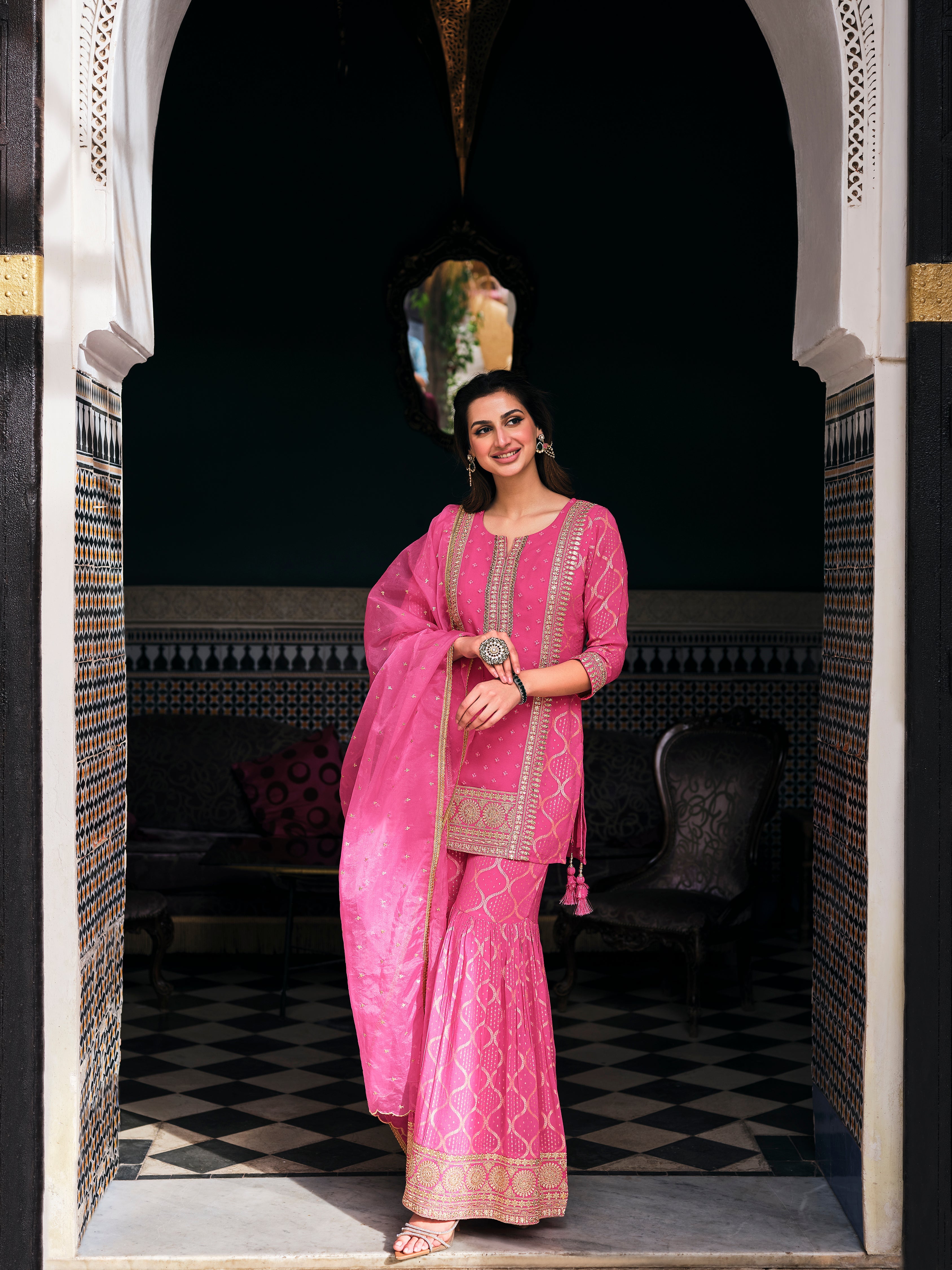 French Pink Embellished Premium Georgette Silk Sharara Set