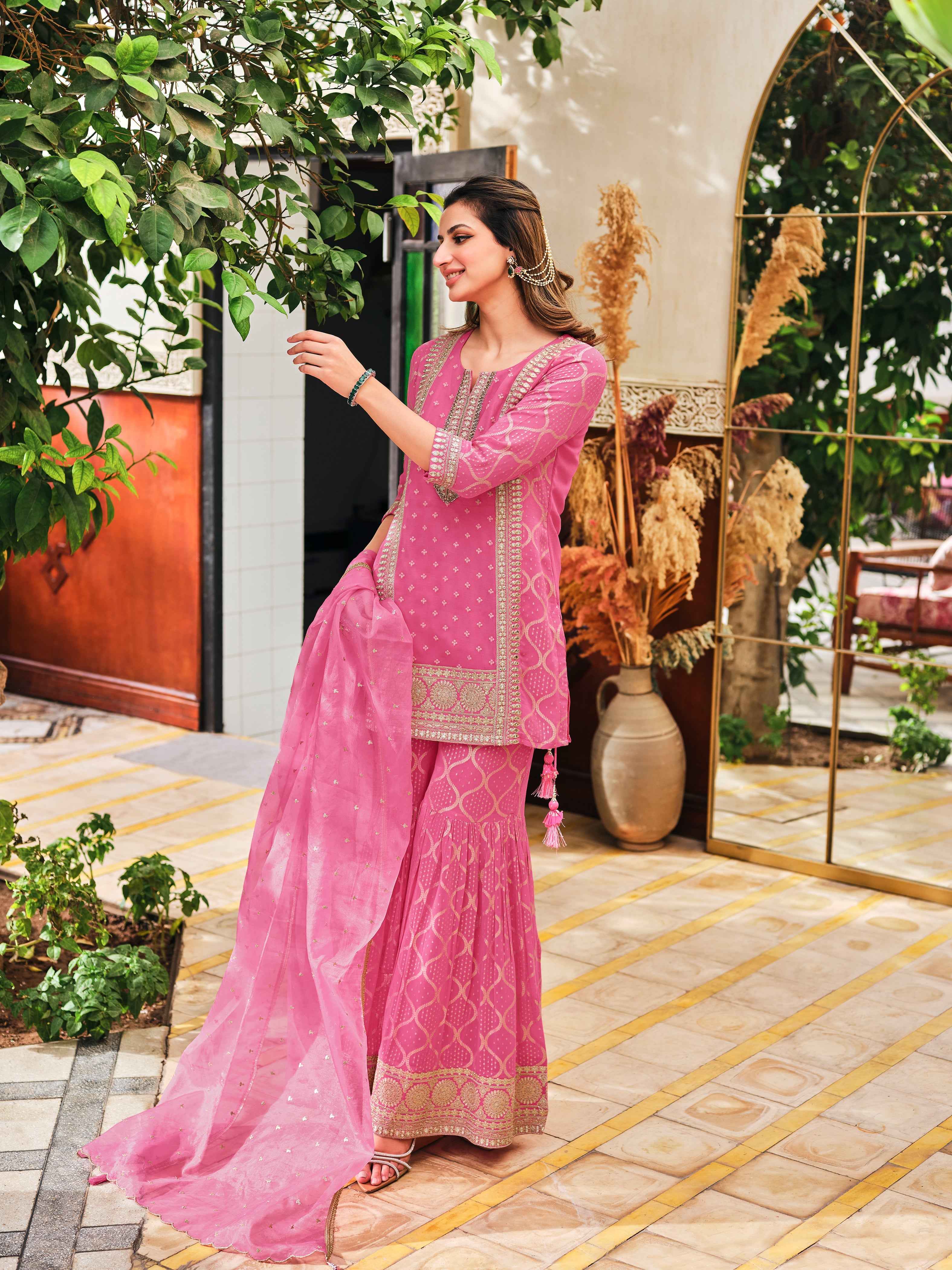 French Pink Embellished Premium Georgette Silk Sharara Set