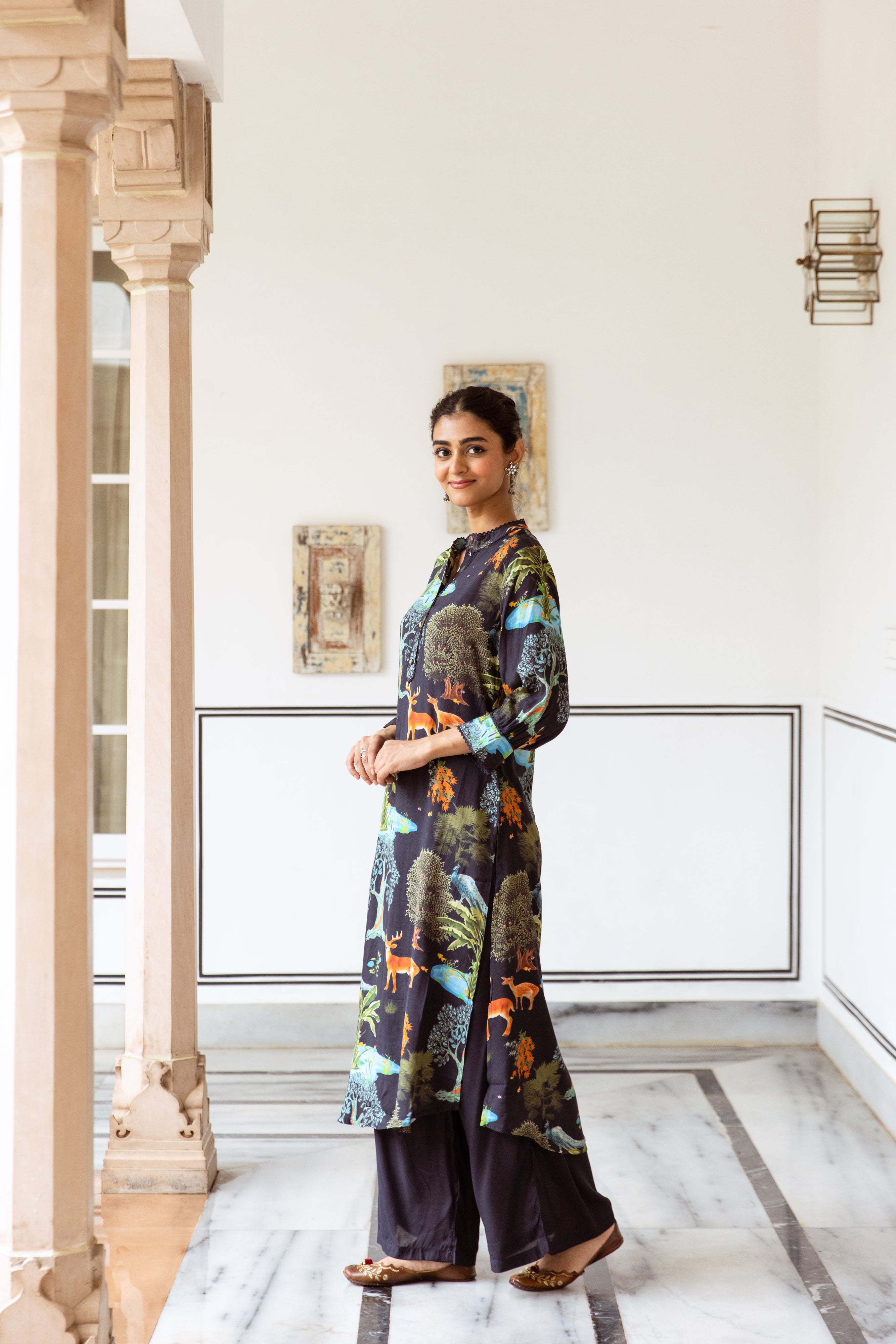 Black Printed Spanish Silk Kurta Set