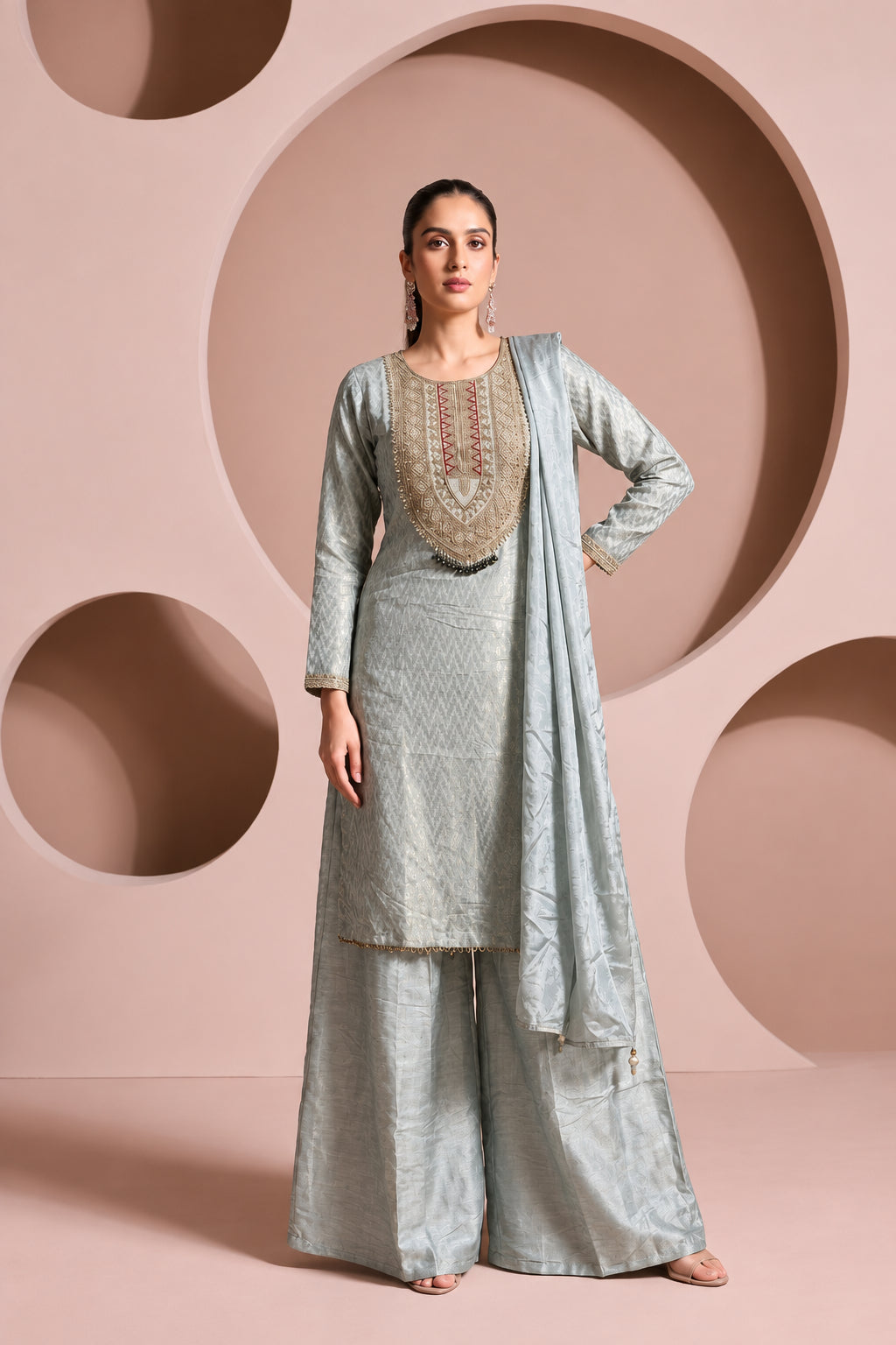 Dusty Blue Embellished Brocade Silk Pant Set