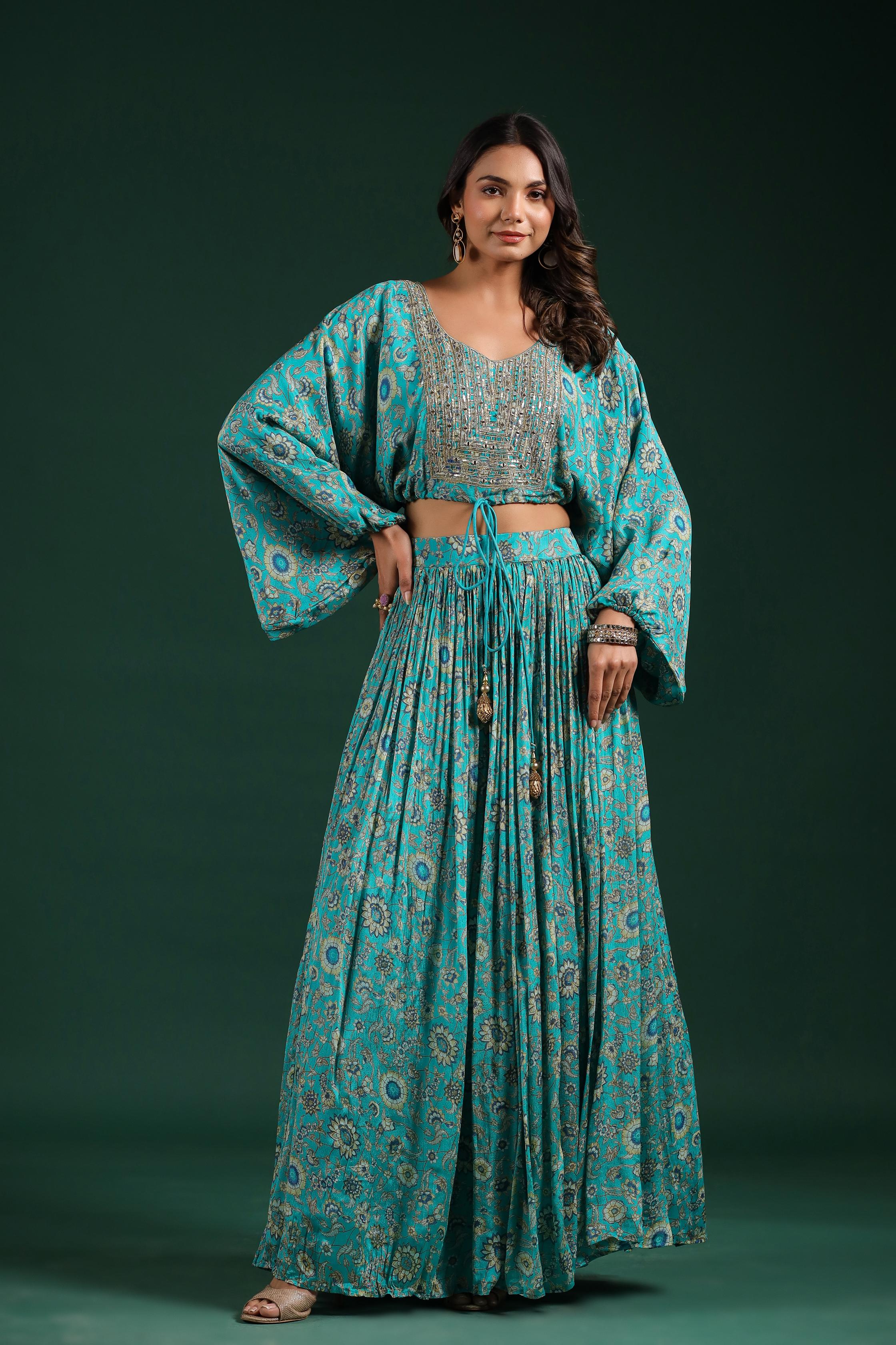 Sapphire Blue Embellished Chinon Silk Skirt Set