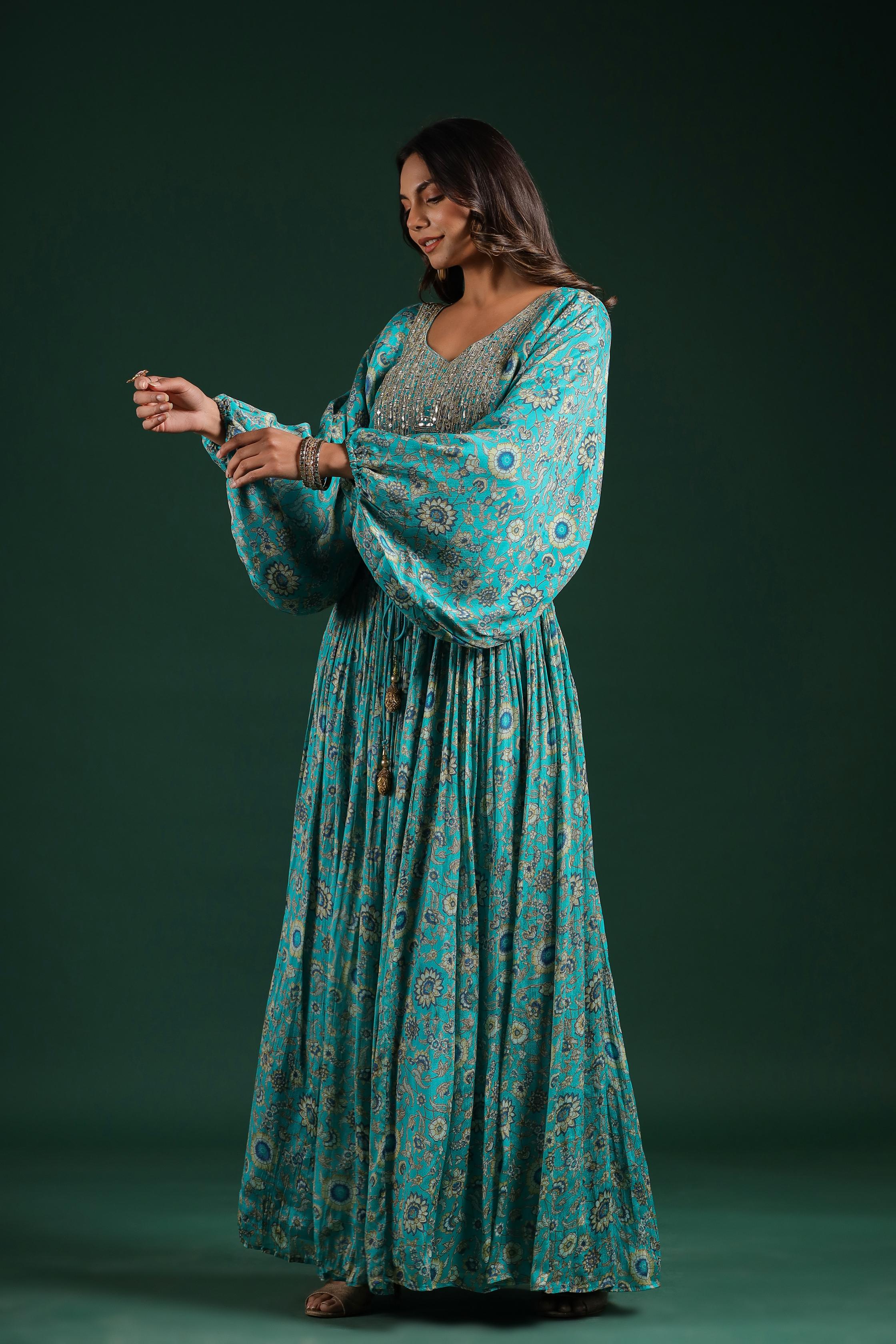 Sapphire Blue Embellished Chinon Silk Skirt Set