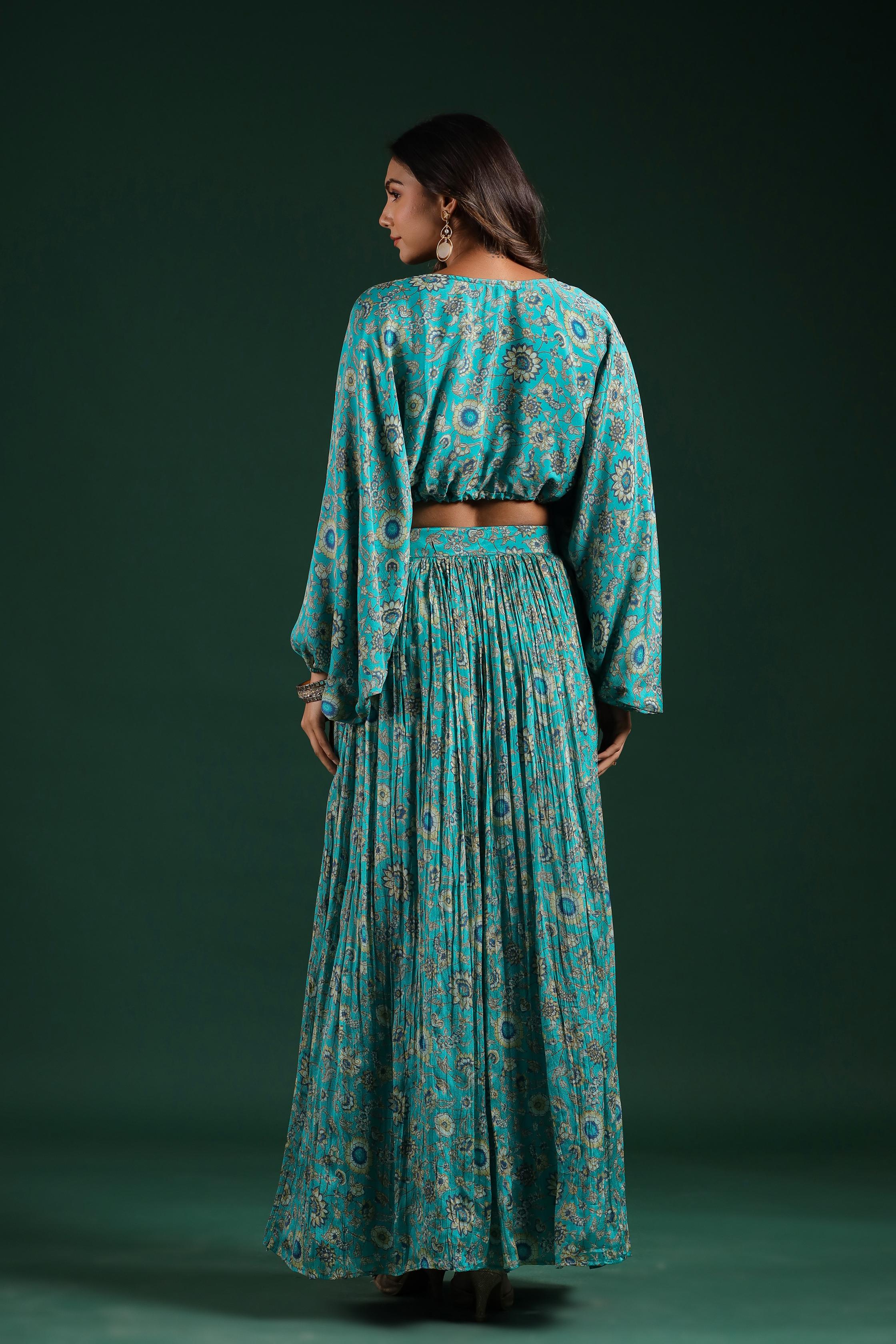 Sapphire Blue Embellished Chinon Silk Skirt Set