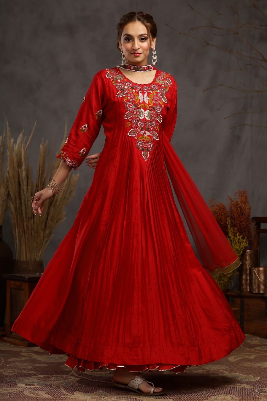 Red Muslin Silk Kali And Pleating Gown Dress And Dupatta Set