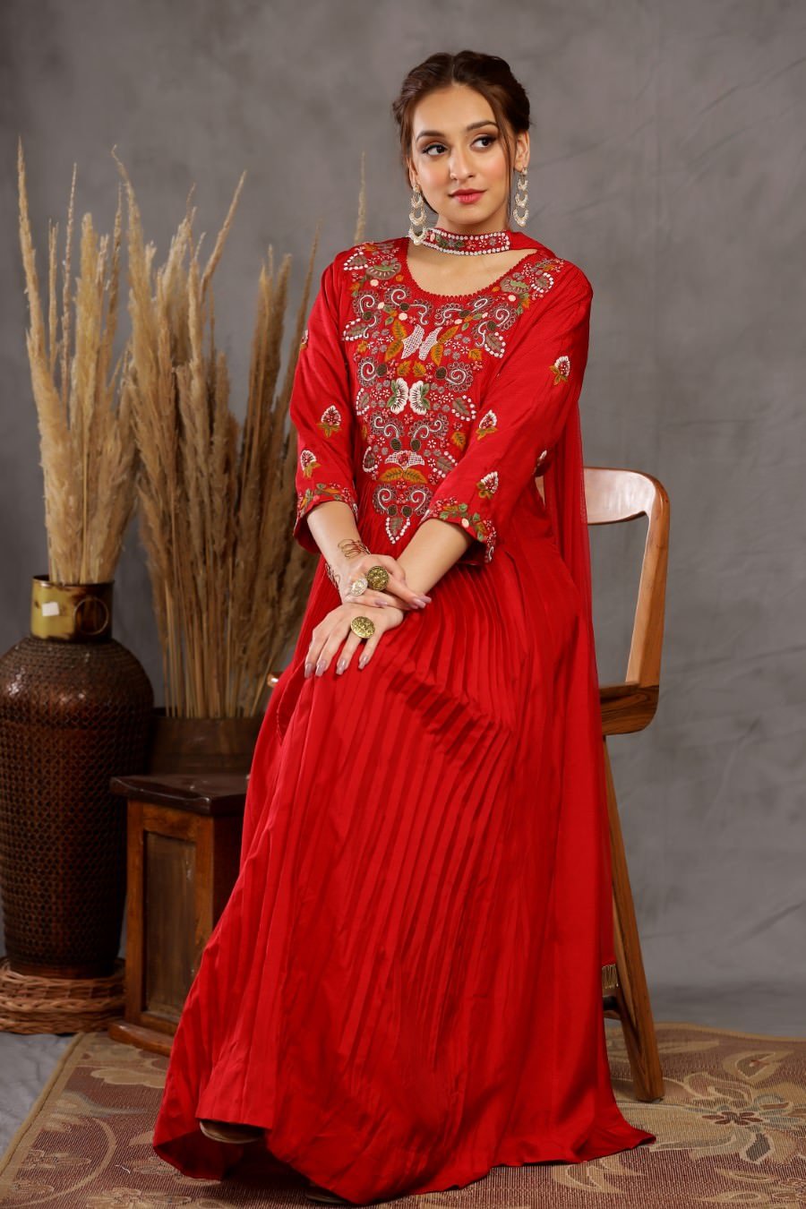 Red Muslin Silk Kali And Pleating Gown Dress And Dupatta Set