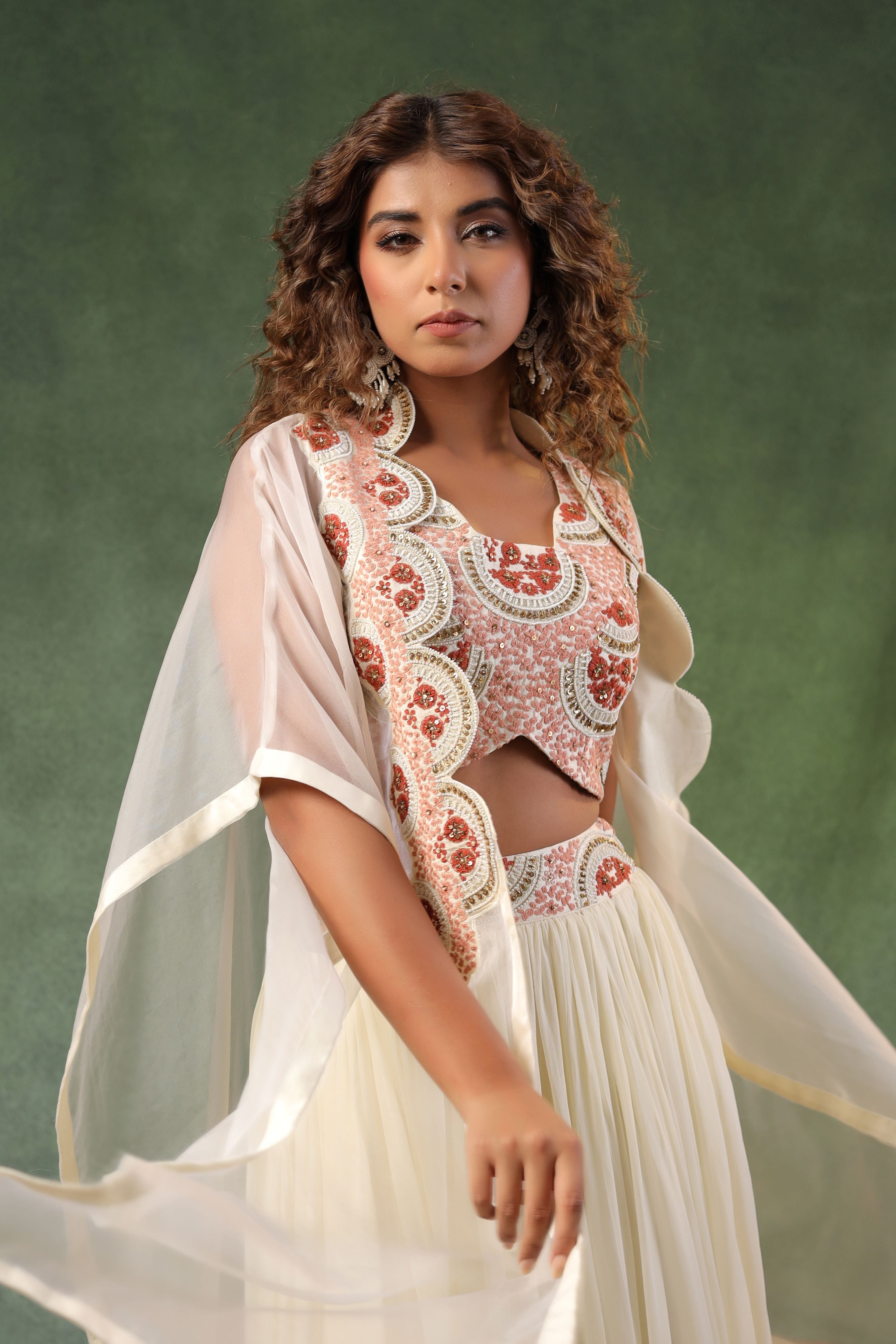 Ivory Chic Embroidered Skirt Set with Cape