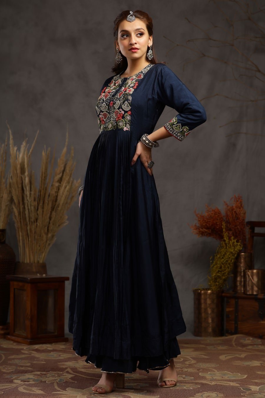 Navy Blue Muslin Silk Kalidar And Pleating Gown