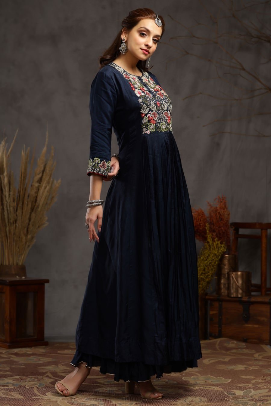 Navy Blue Muslin Silk Kalidar And Pleating Gown