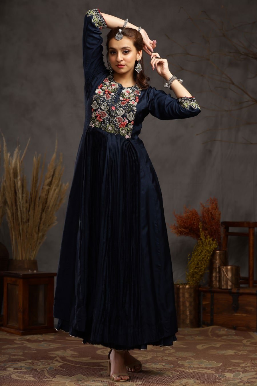 Navy Blue Muslin Silk Kalidar And Pleating Gown