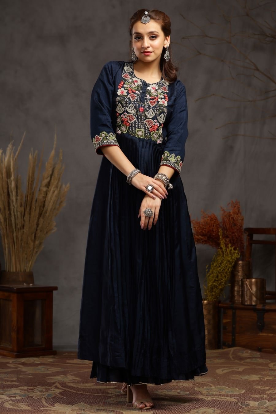 Navy Blue Muslin Silk Kalidar And Pleating Gown